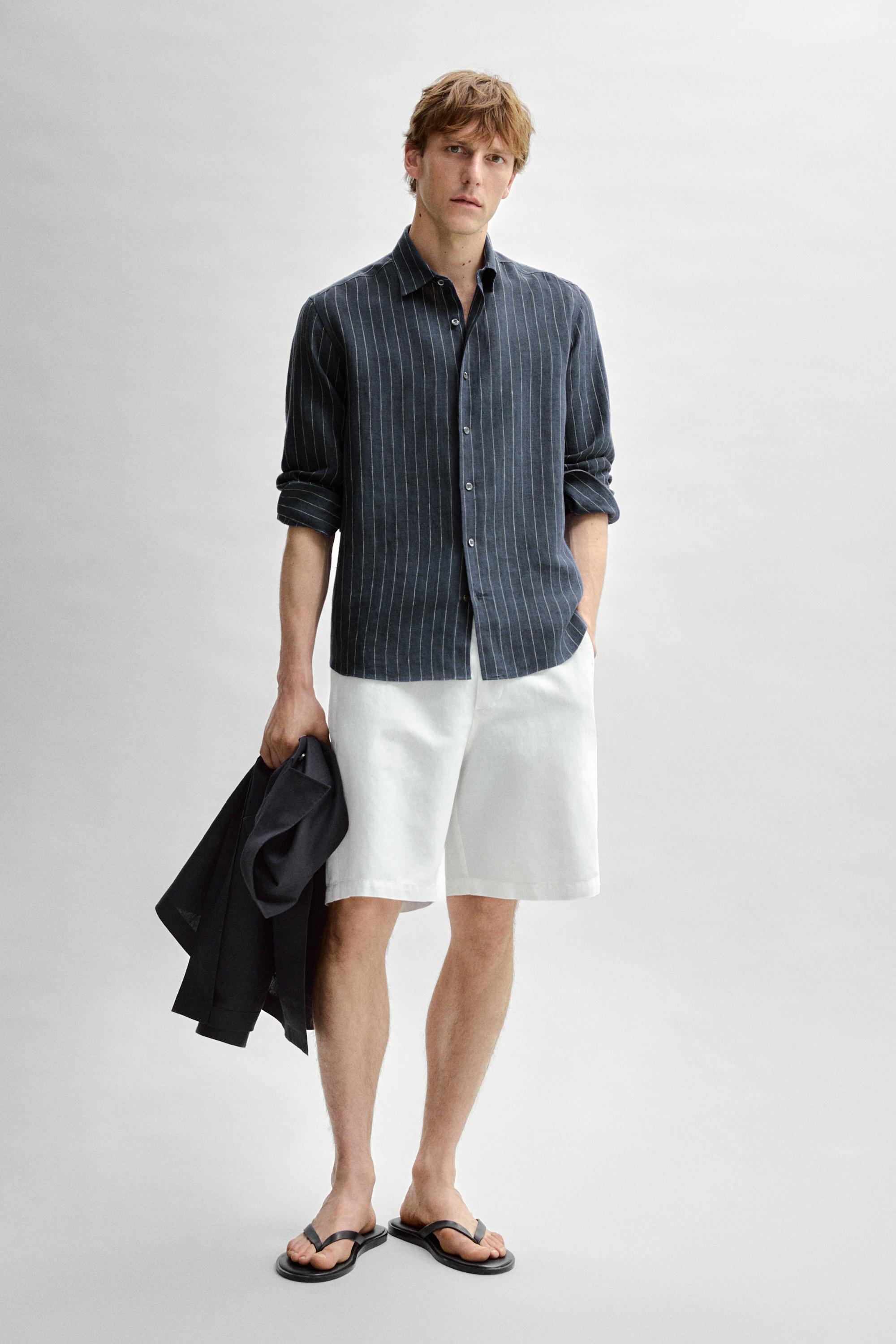 Regular fit 100% linen striped shirt — FADED BLUE