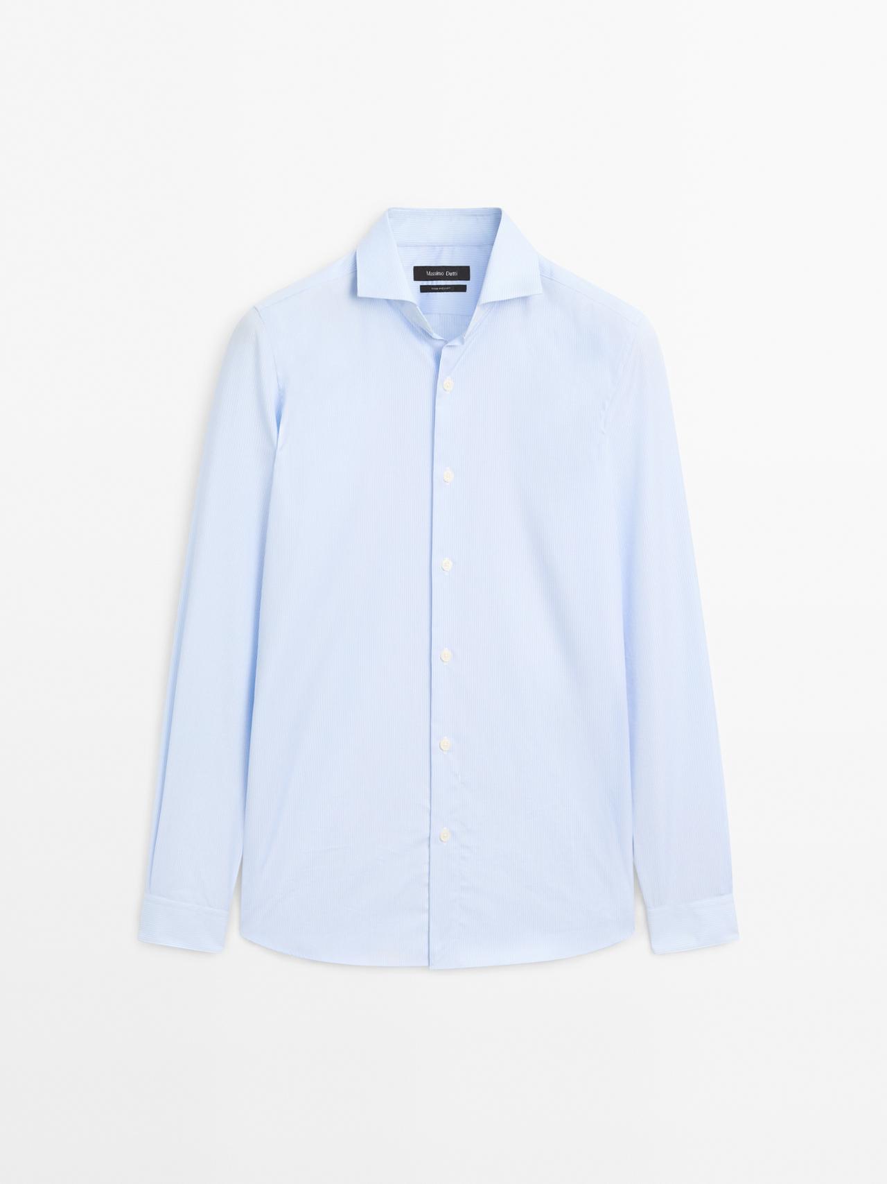 Massimo Dutti - Herre - Stribet, Slim Fit Skjorte I 100 % Bomuld - Himmelblå - 42