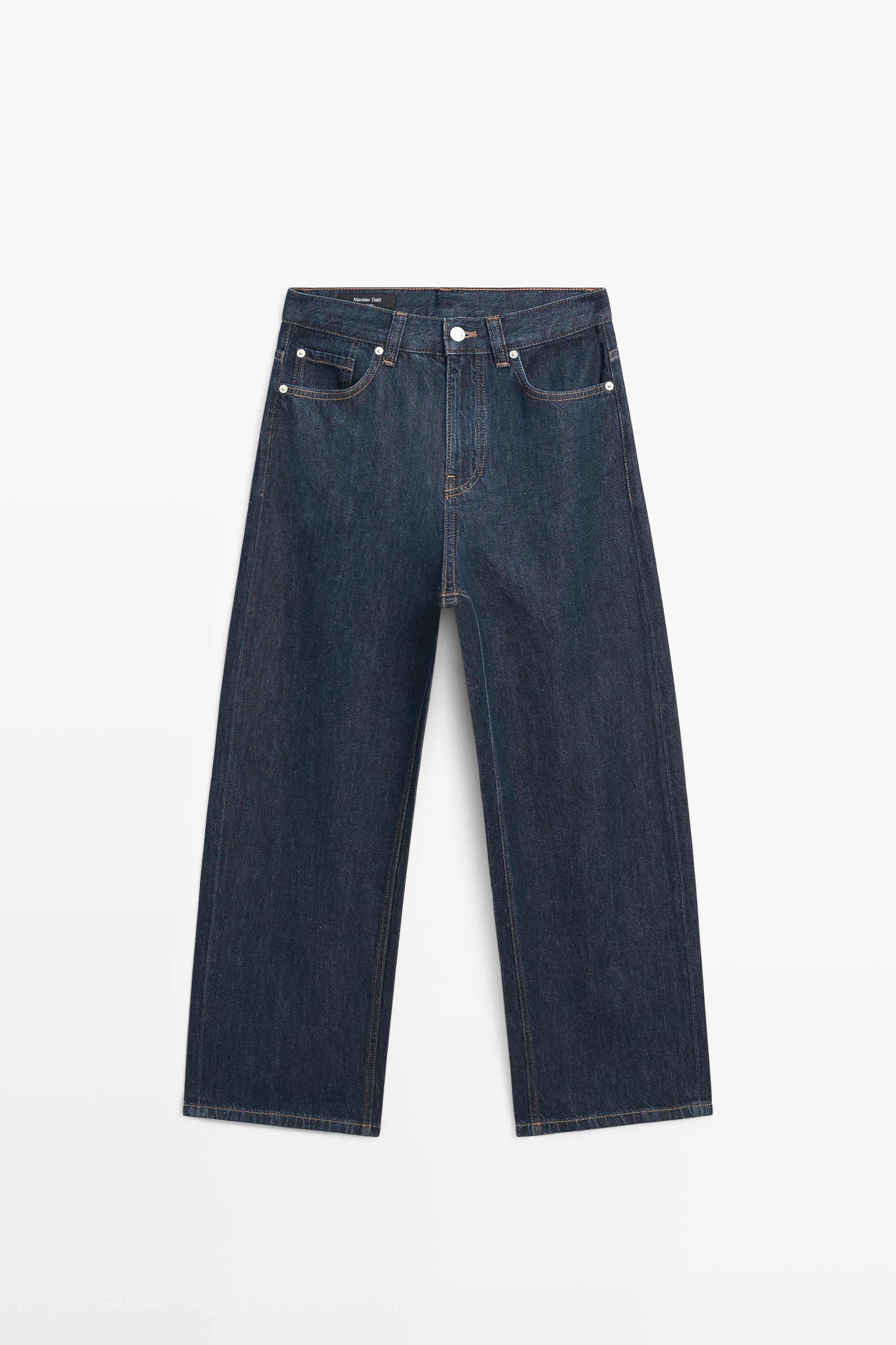 Jeans perna larga de cintura média cropped