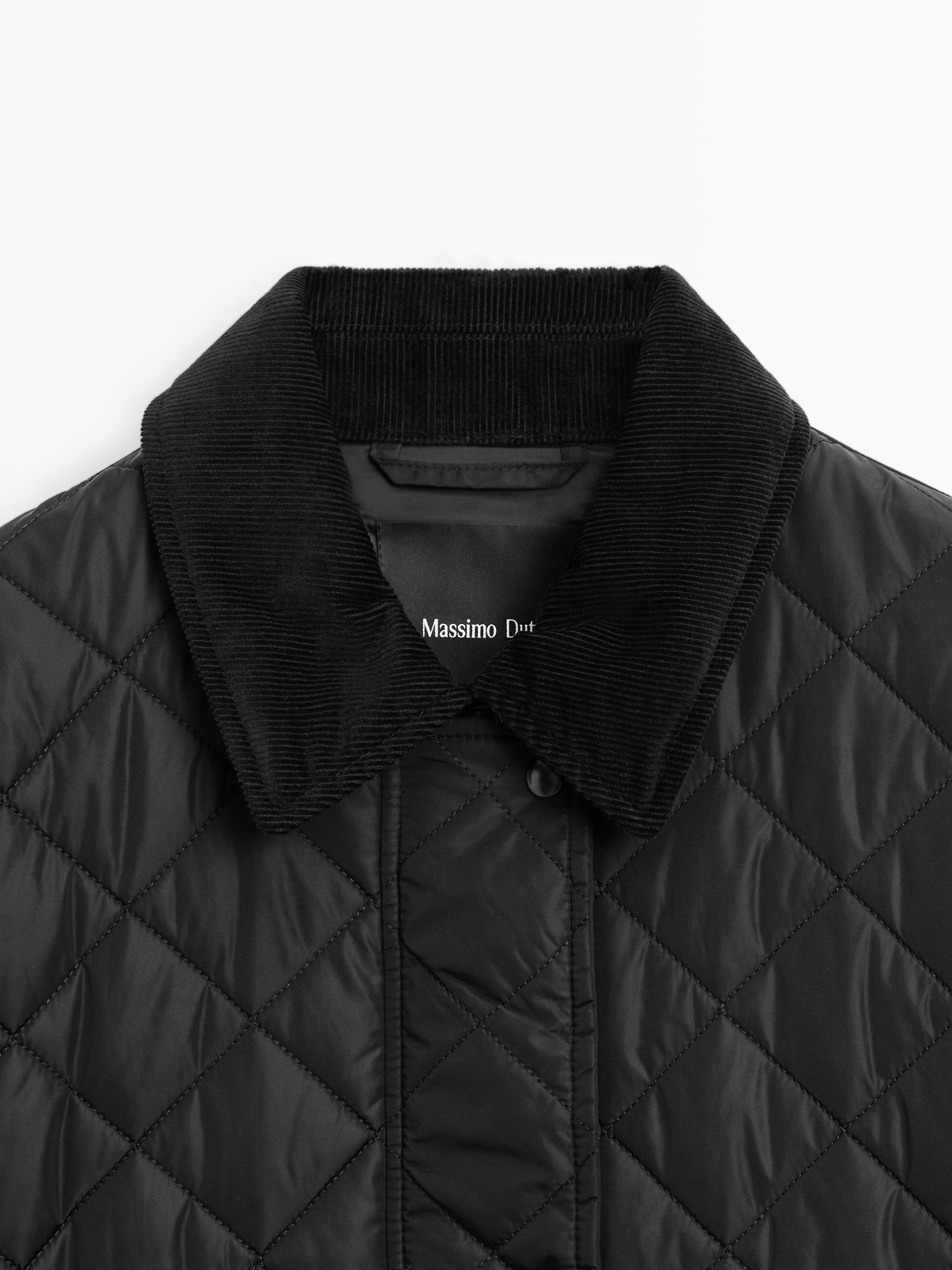 Long lightweight puffer jacket with corduroy detail
