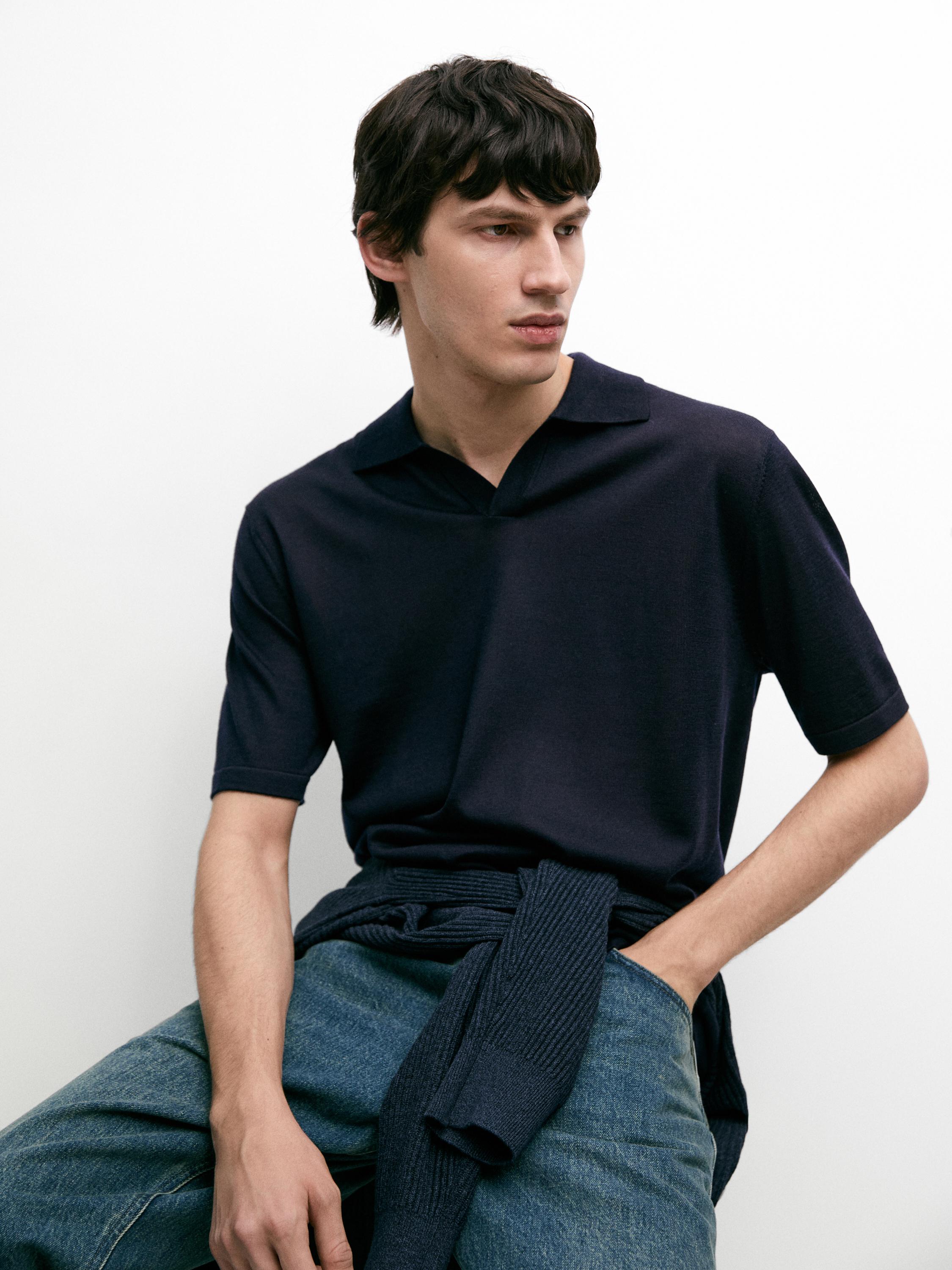 Knit V-neck polo shirt — NAVY BLUE