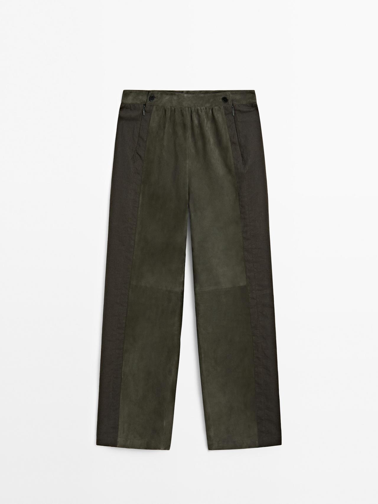 Massimo Dutti - Dame - Bukser I Ruskind Med Detalje I Hør - Kaki - Xs
