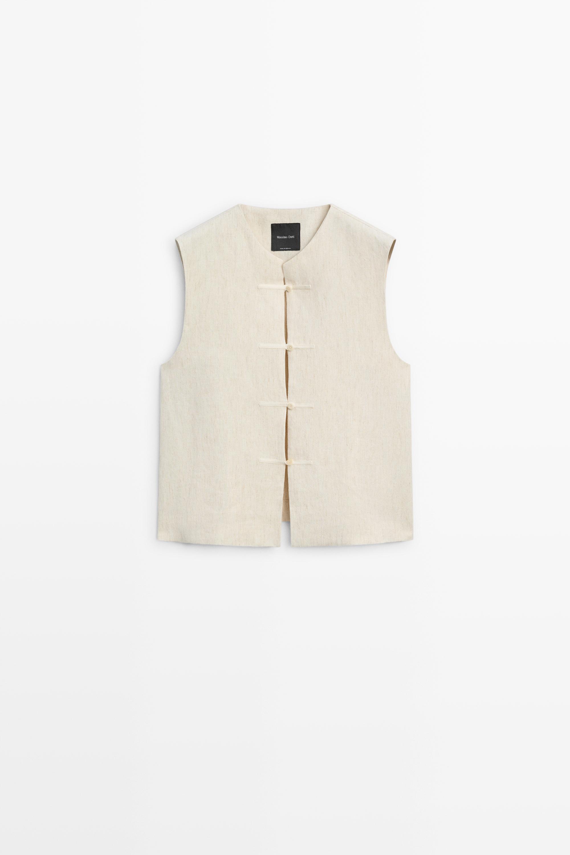 Linen blend button-detail vest — SAND