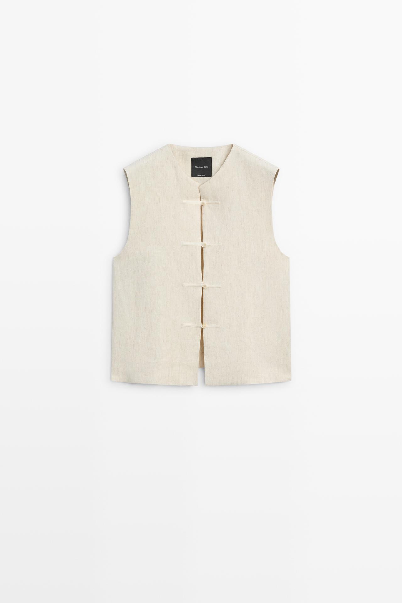 Linen blend button-detail vest — SAND