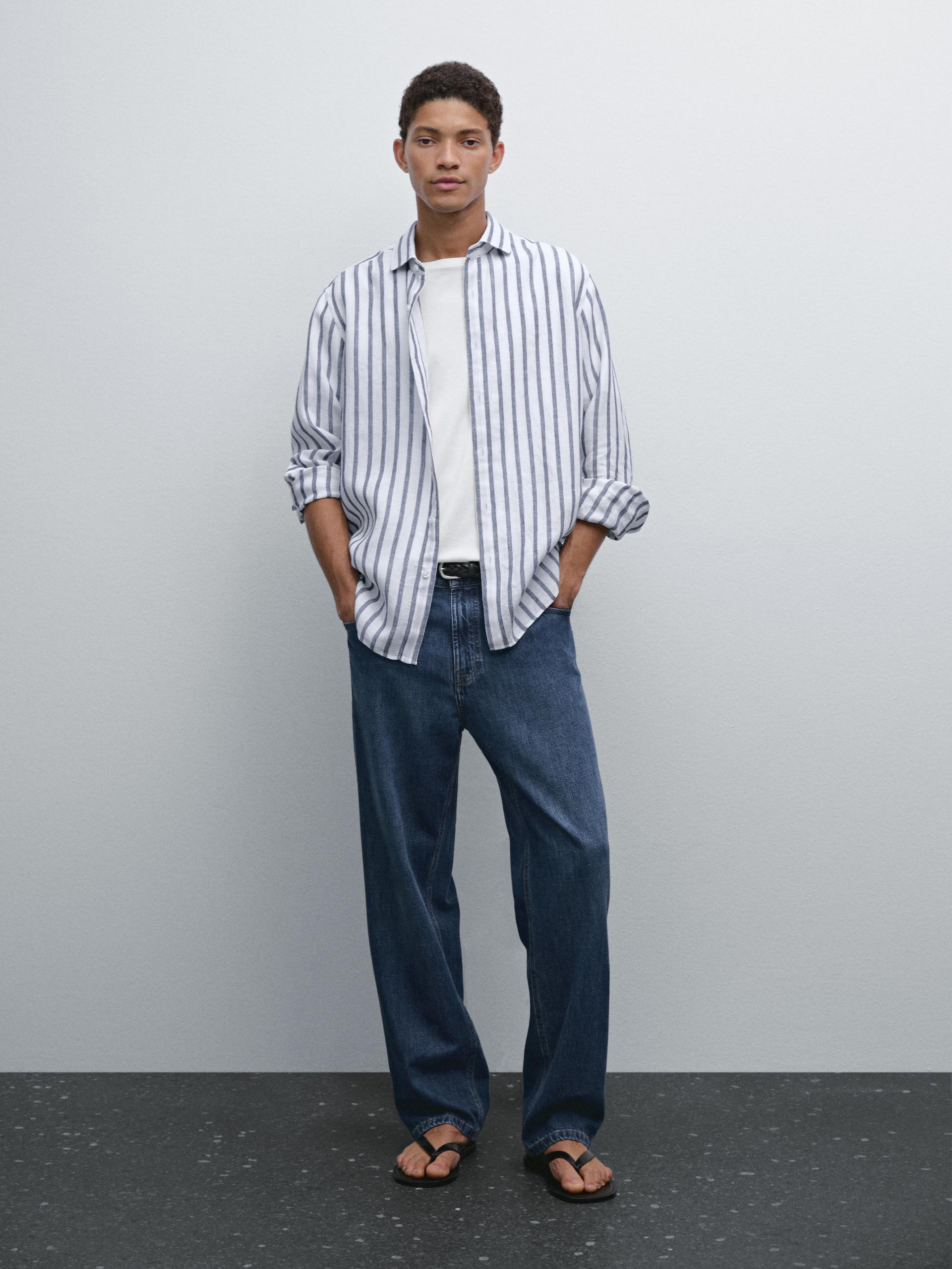 Lniana Koszula W Paski Regular Fit - Błękit Królewski - Xxl - Massimo Dutti - Mężczyzna