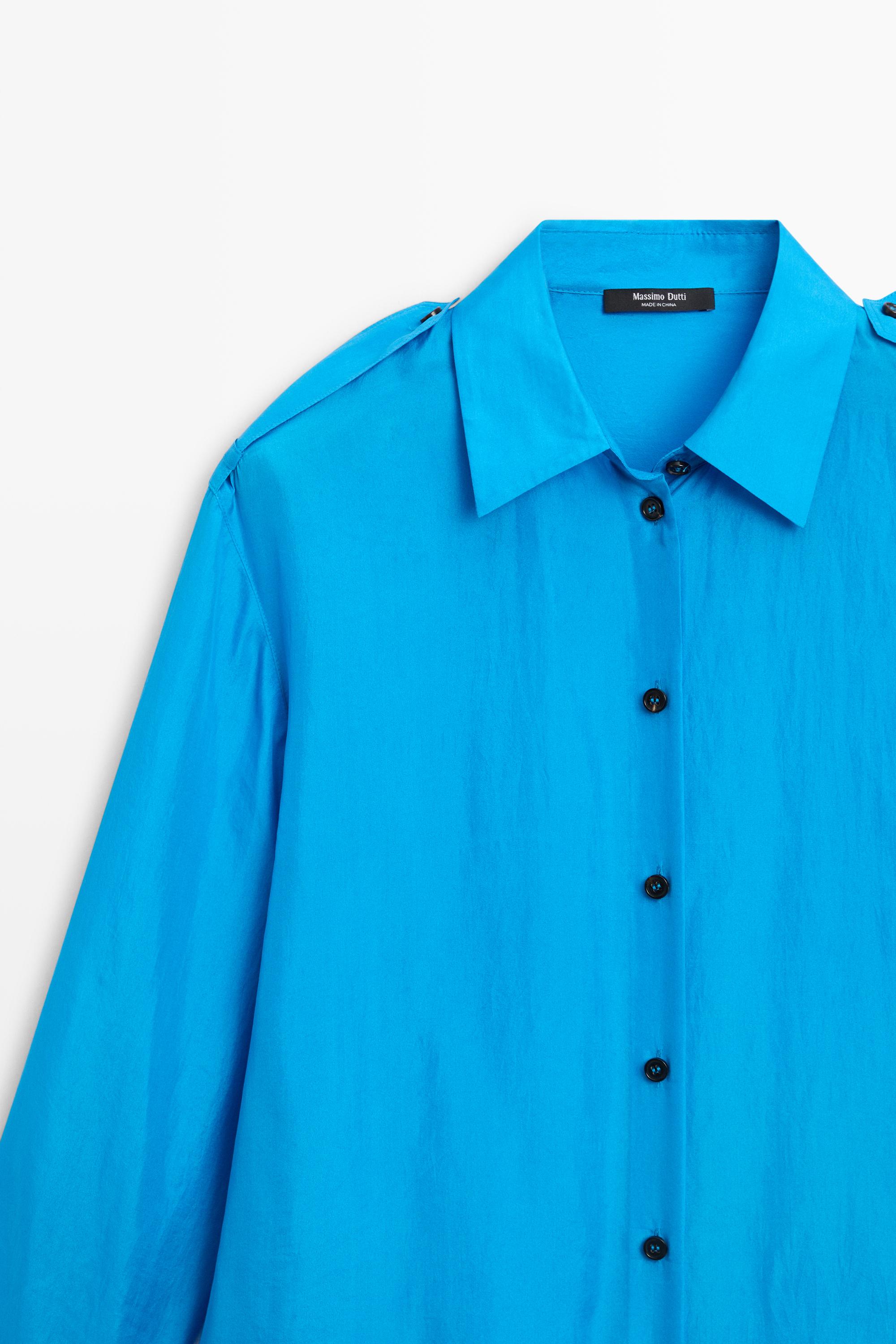 Flowing 100% silk shirt with shoulder detail — DEEP BLUE