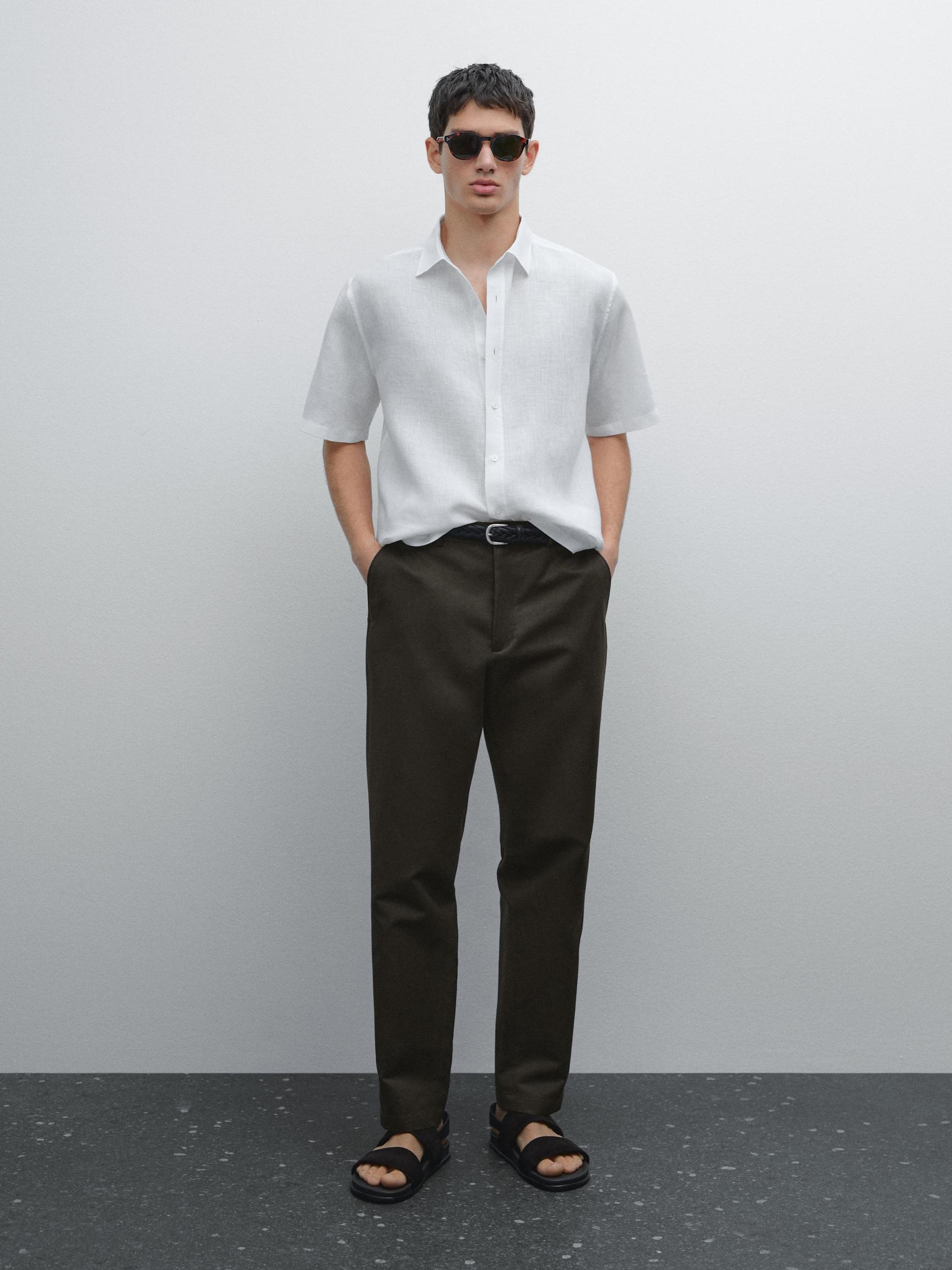 Lniana Koszula O Kroju Regular Fit Z Krótkim Rękawem - Biały - Xxl - Massimo Dutti - Mężczyzna