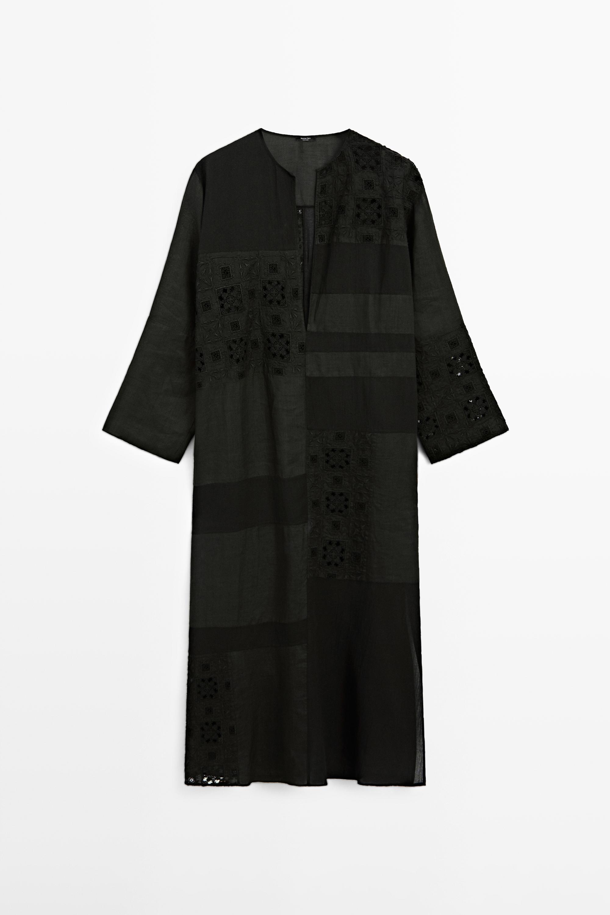 Flowing embroidered kaftan dress — BLACK