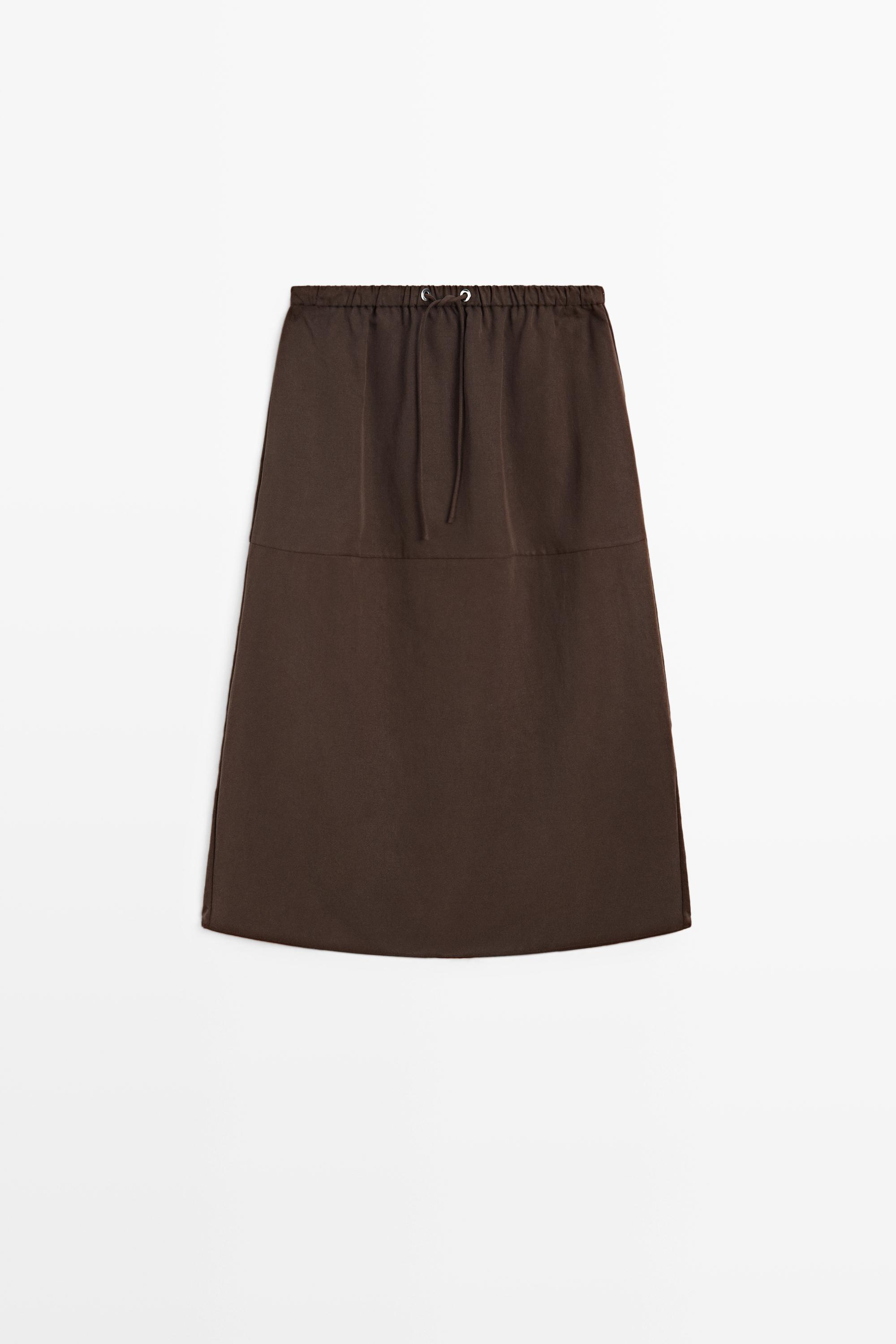 Flowing midi skirt with drawstring — BROWN