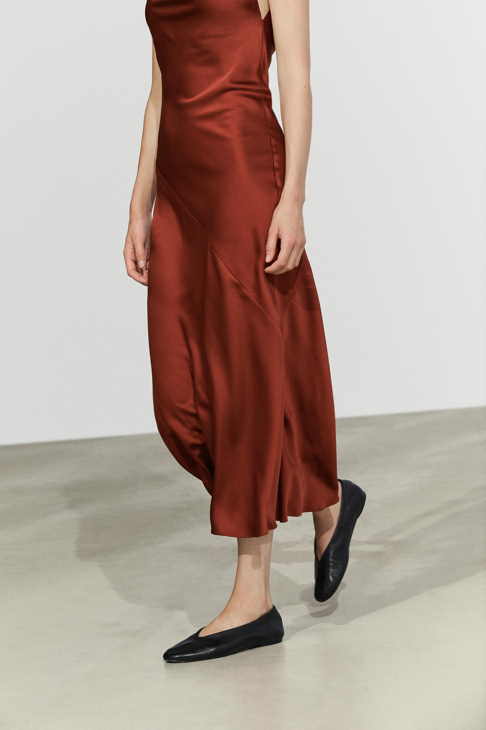 Flowing satin finish midi dress — BURNT ORANGE