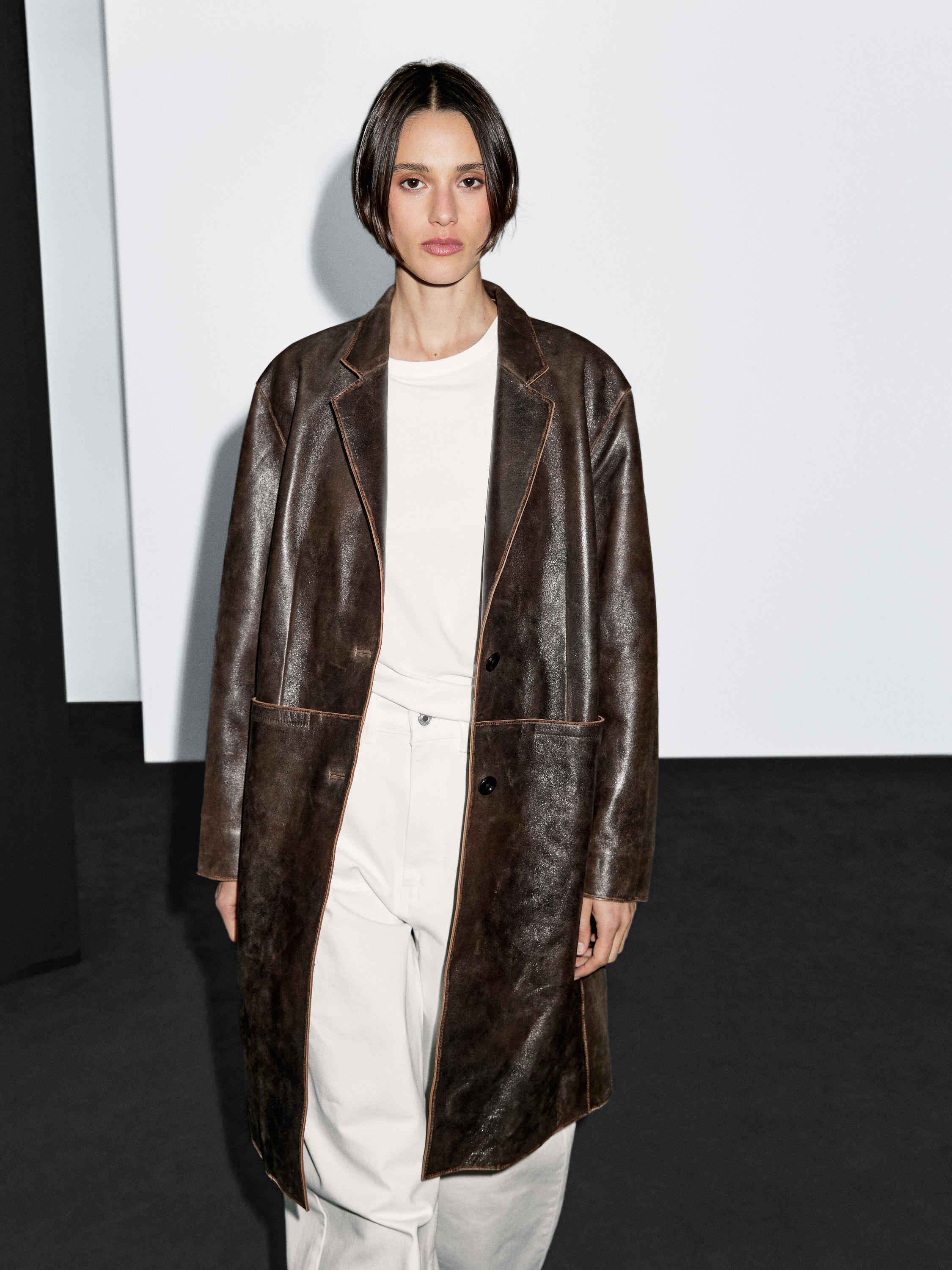 Distressed nappa leather coat