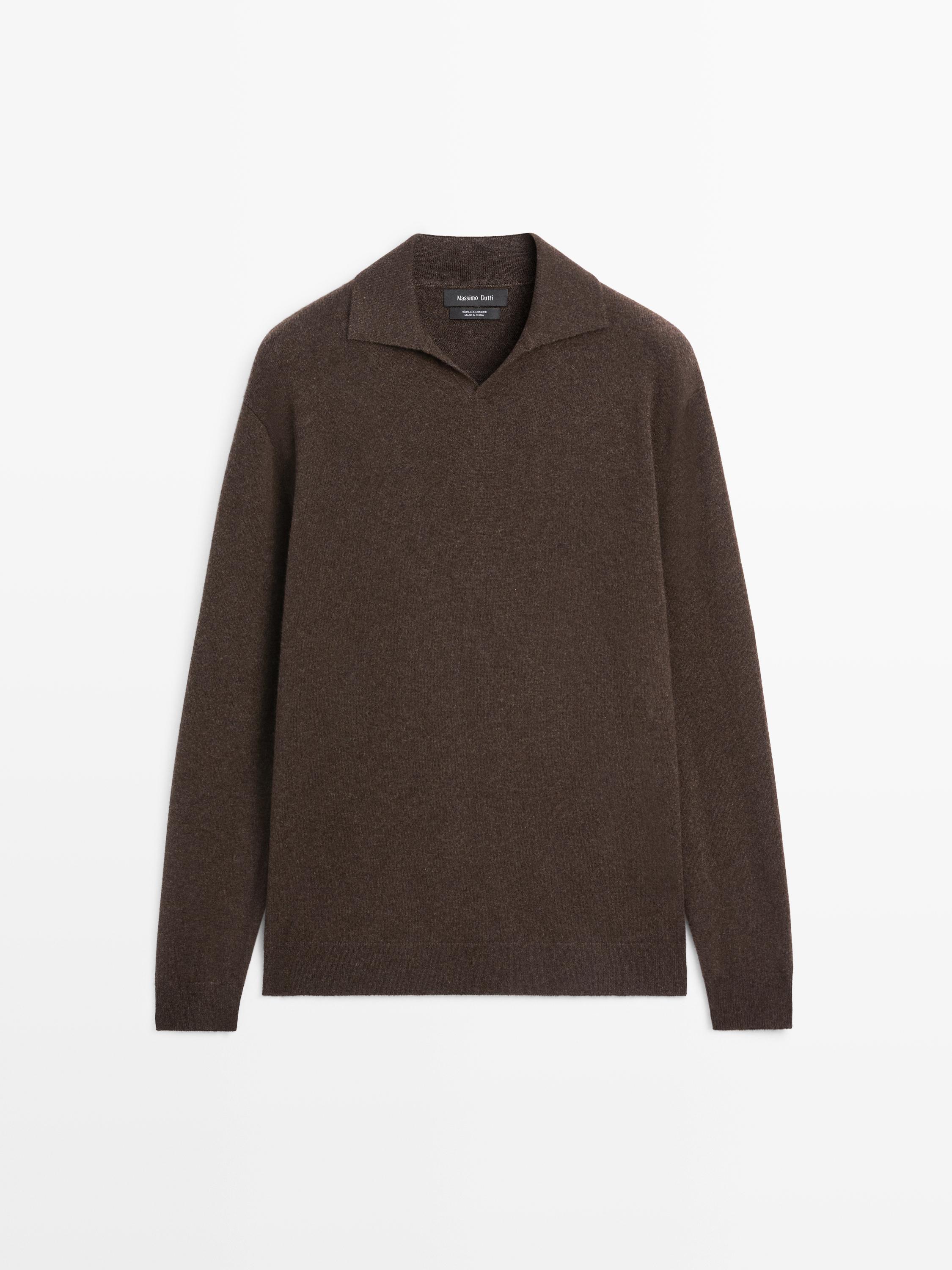 100% cashmere knit polo collar sweater — BROWN MARL