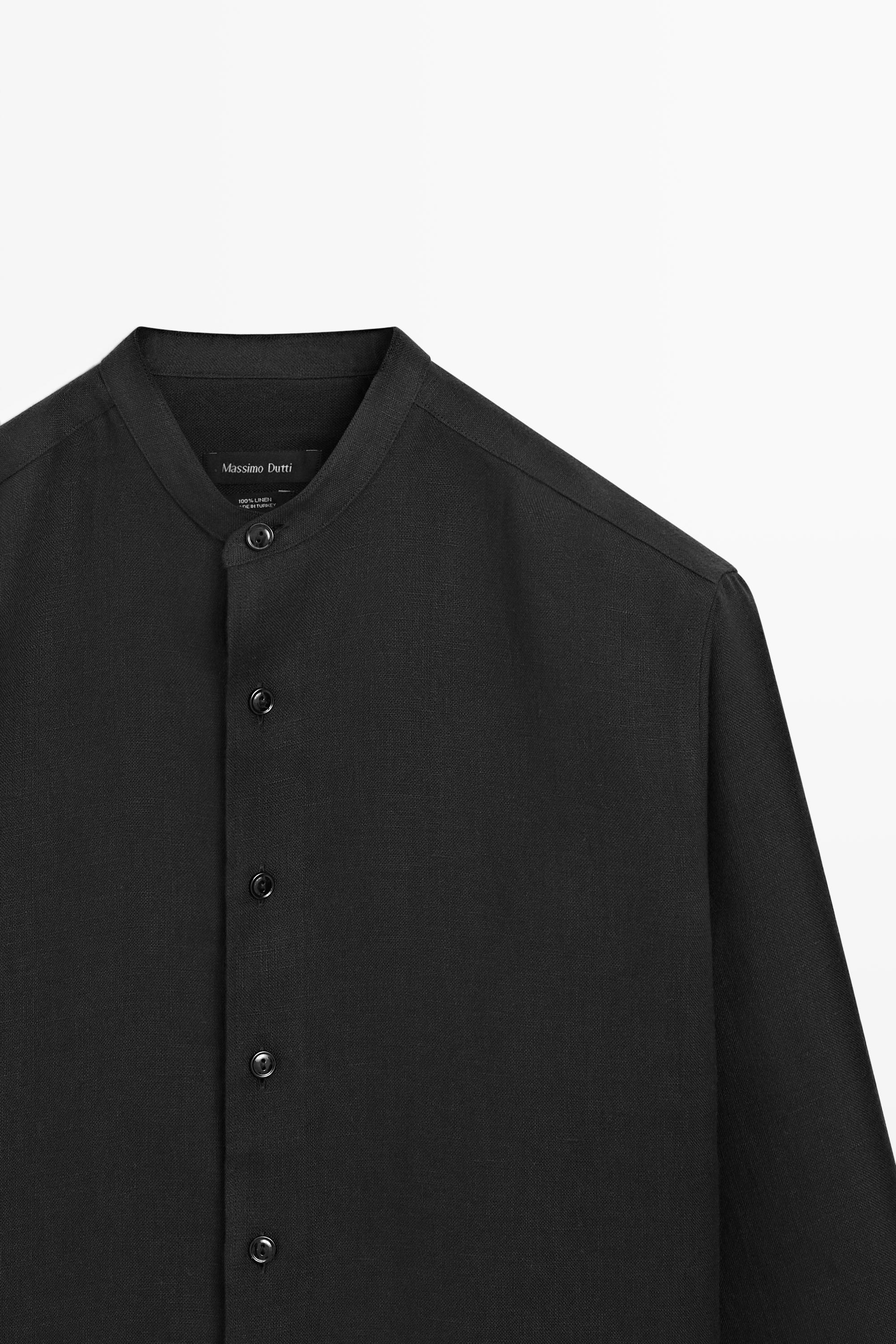 100% linen stand collar shirt — BLACK