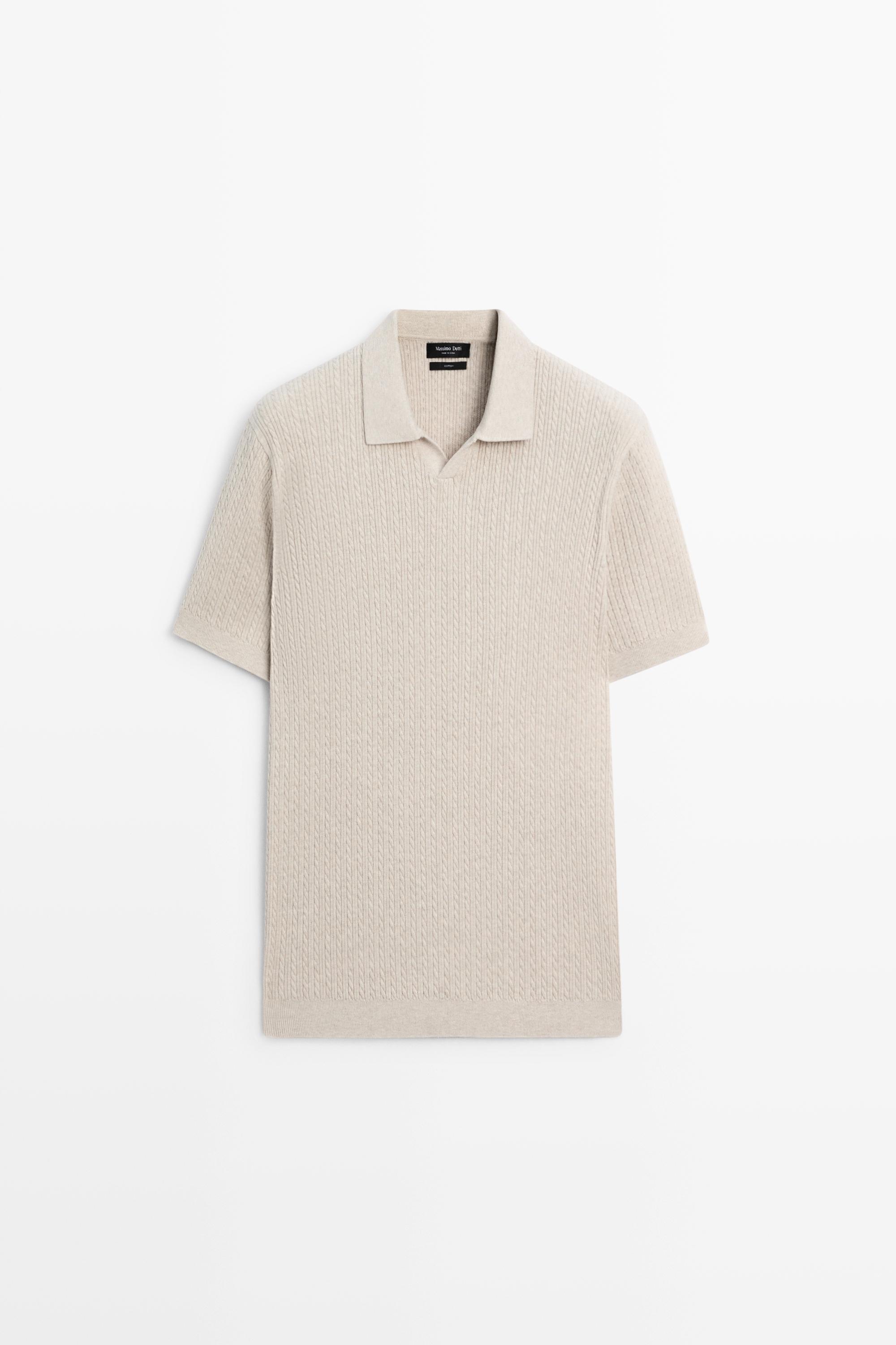 100% cotton cable-knit polo sweater — BEIGE