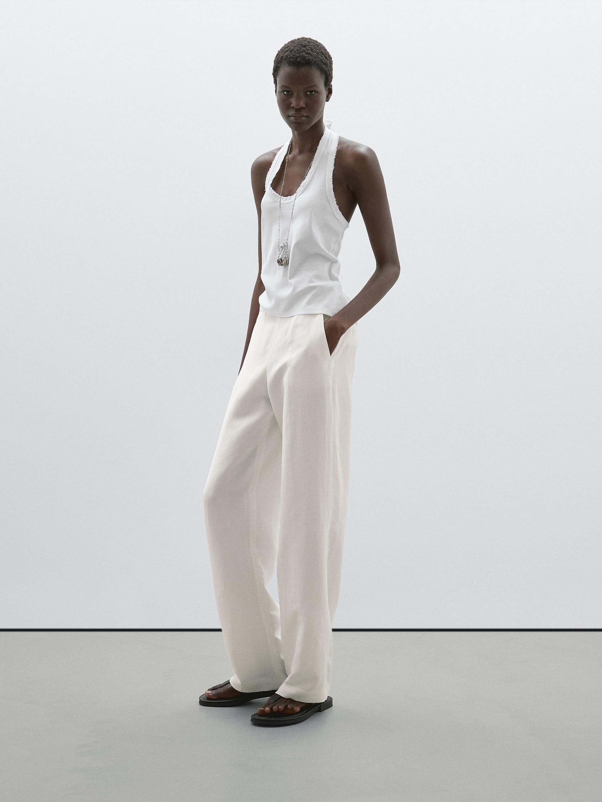 Massimo Dutti Straight Fit Flowing Linen Blend Trousers In White