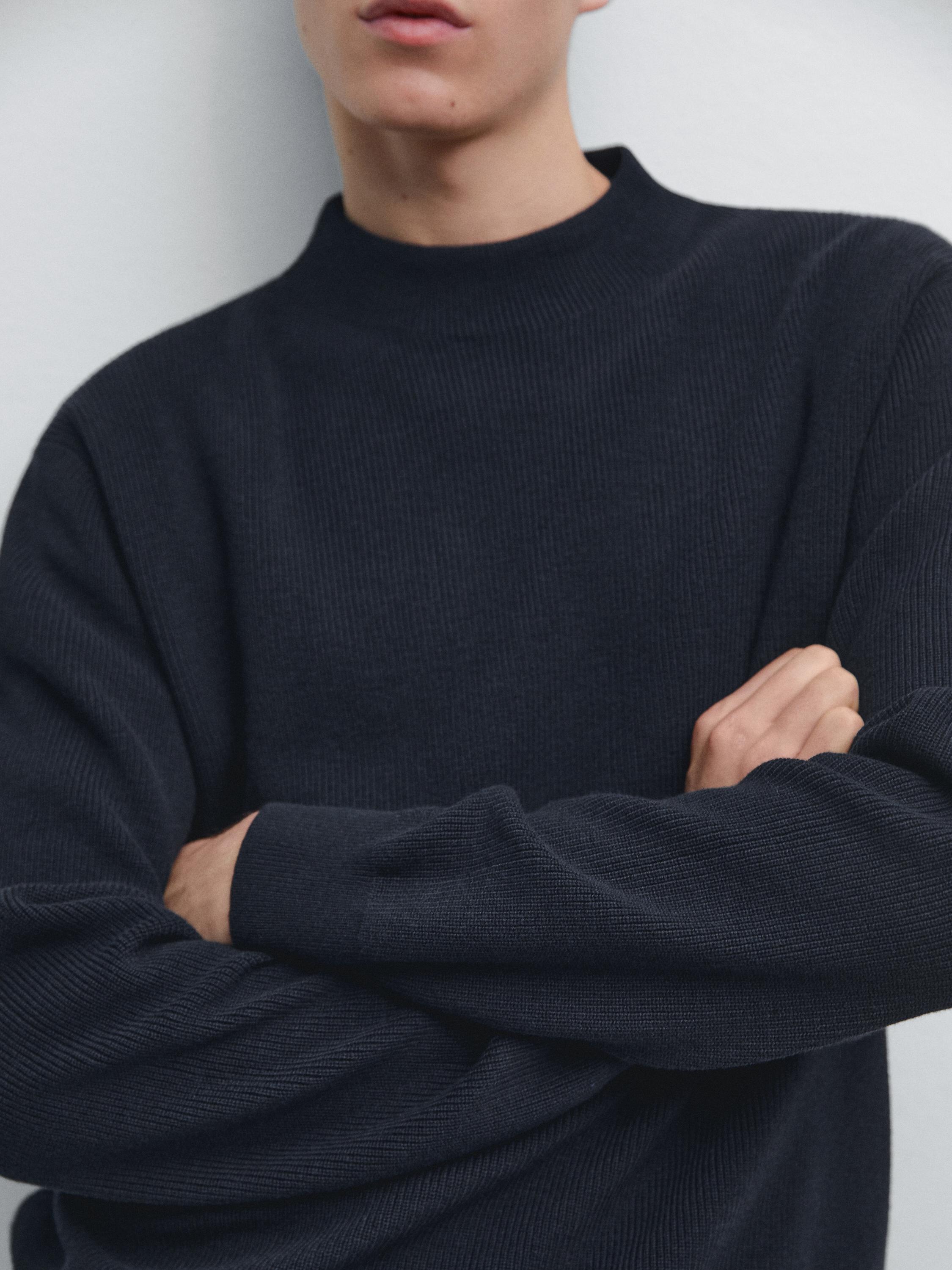 Cotton blend knit sweater with mock turtleneck — NAVY BLUE