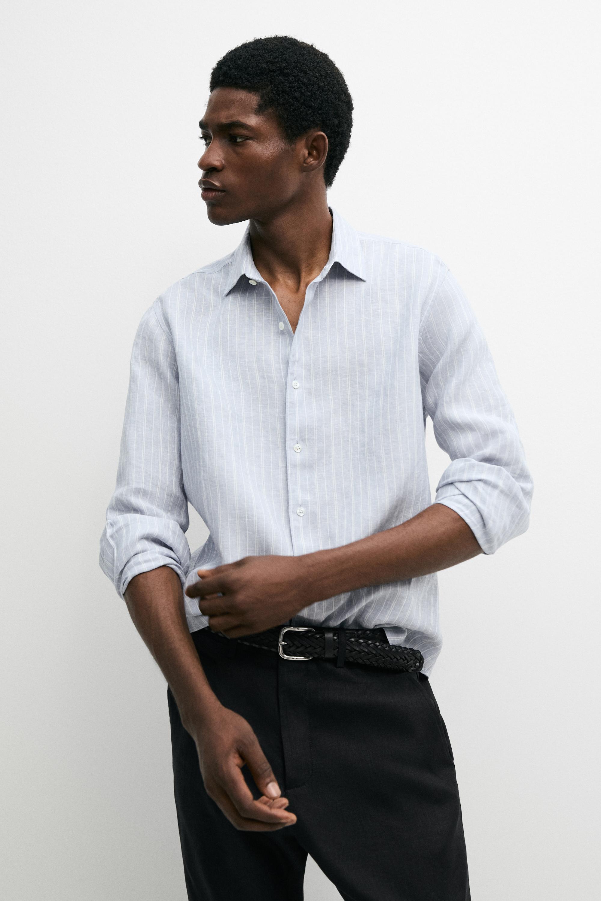 100% linen regular fit faded striped shirt — BLUE