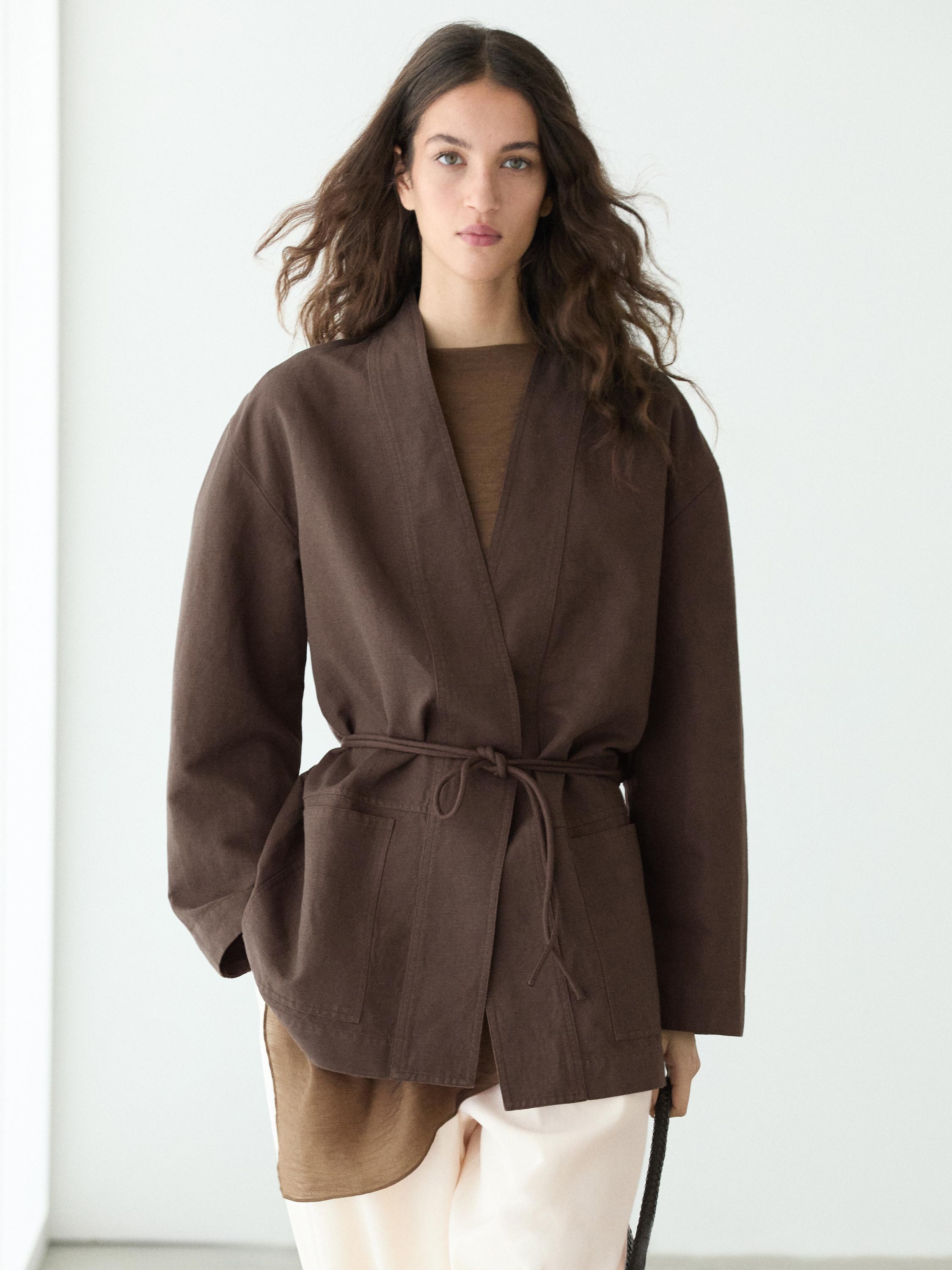Linen blend kimono jacket with tie detail — Chocolate