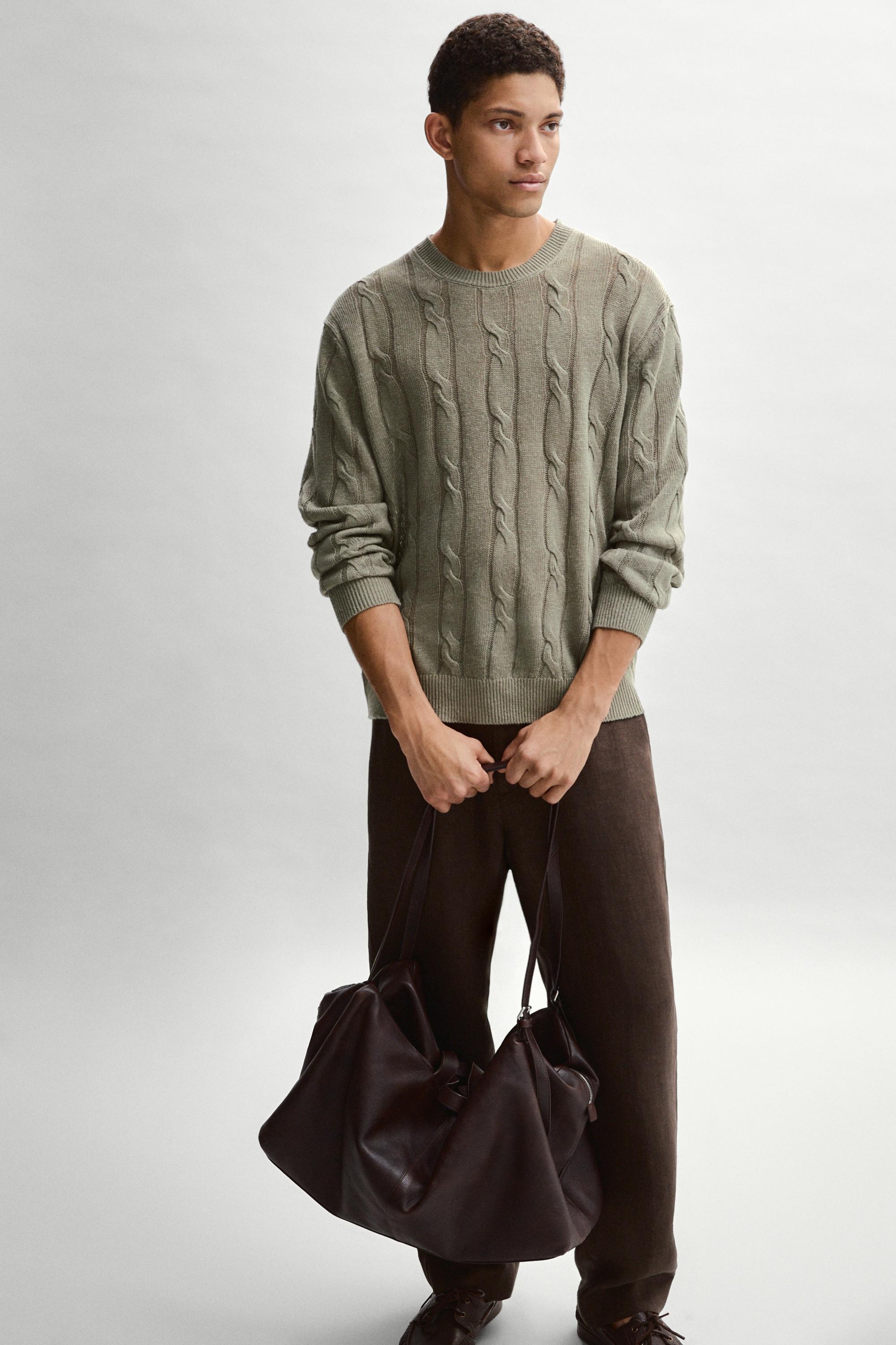 100% linen cable-knit sweater — PALE KHAKI