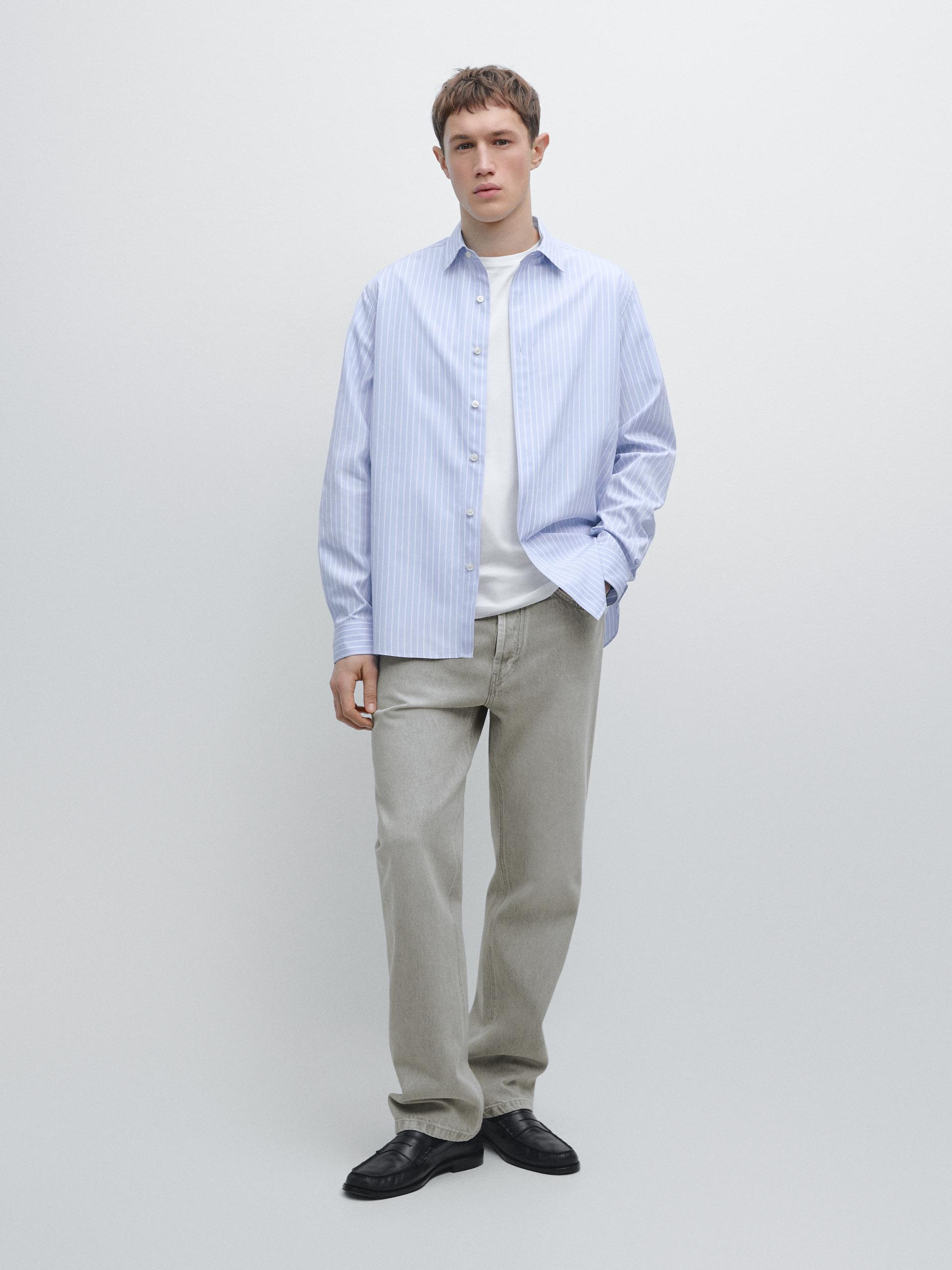 Koszula Regular Fit W Prążki - Błękitny - M - Massimo Dutti - Mężczyzna