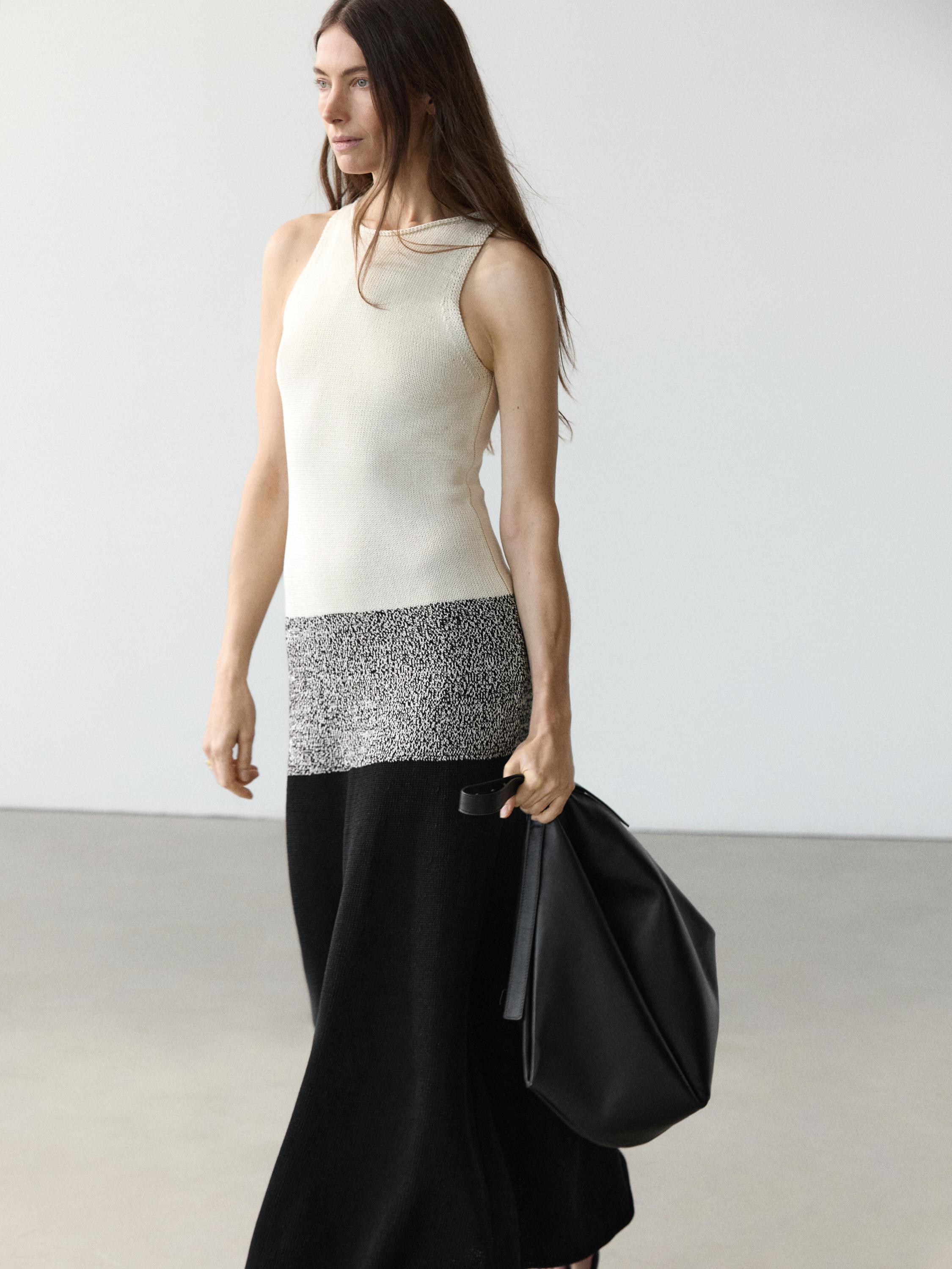 100% cotton contrast knit midi dress — BLACK
