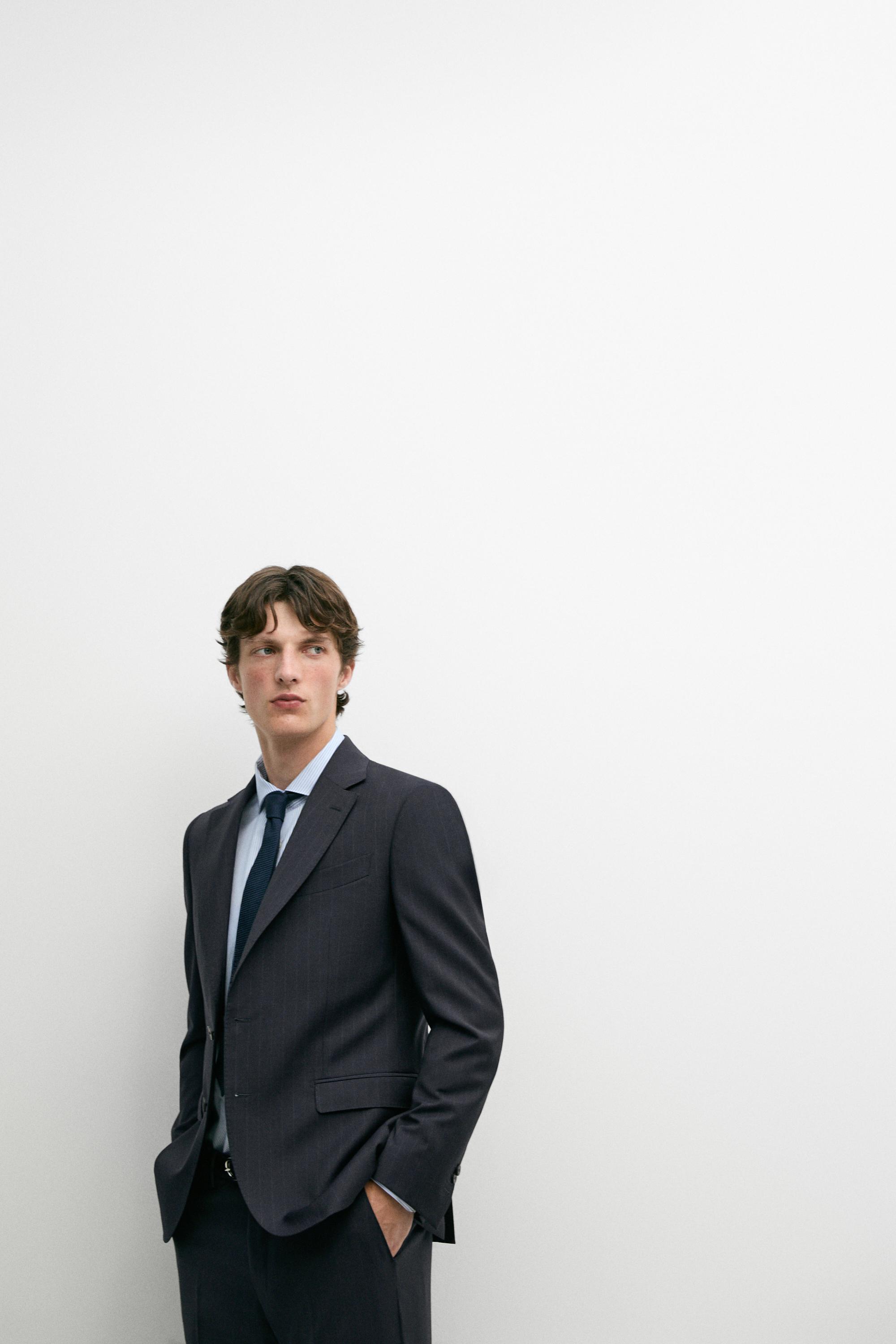 Striped 100% cool wool suit blazer — NAVY BLUE