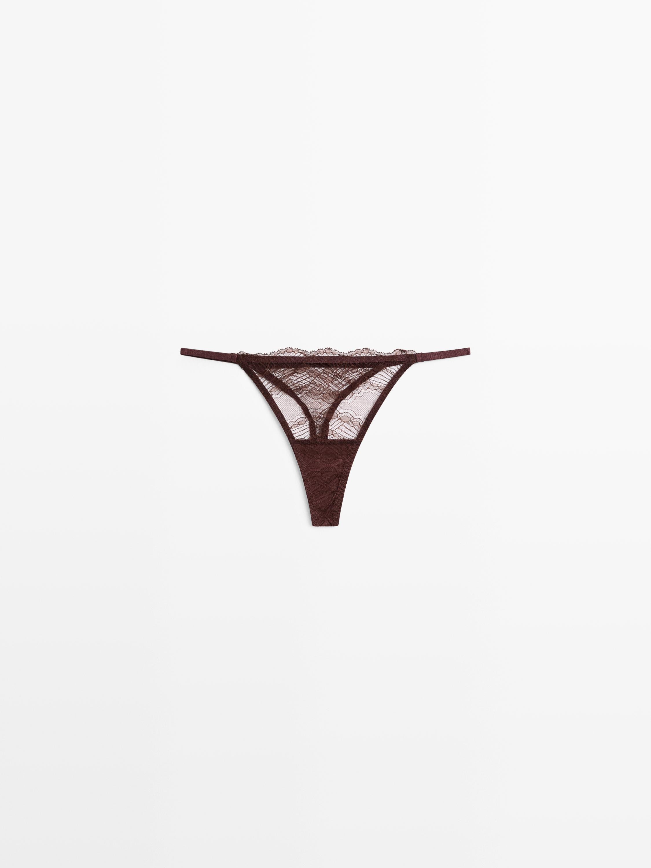 Scalloped lace thong — BROWN