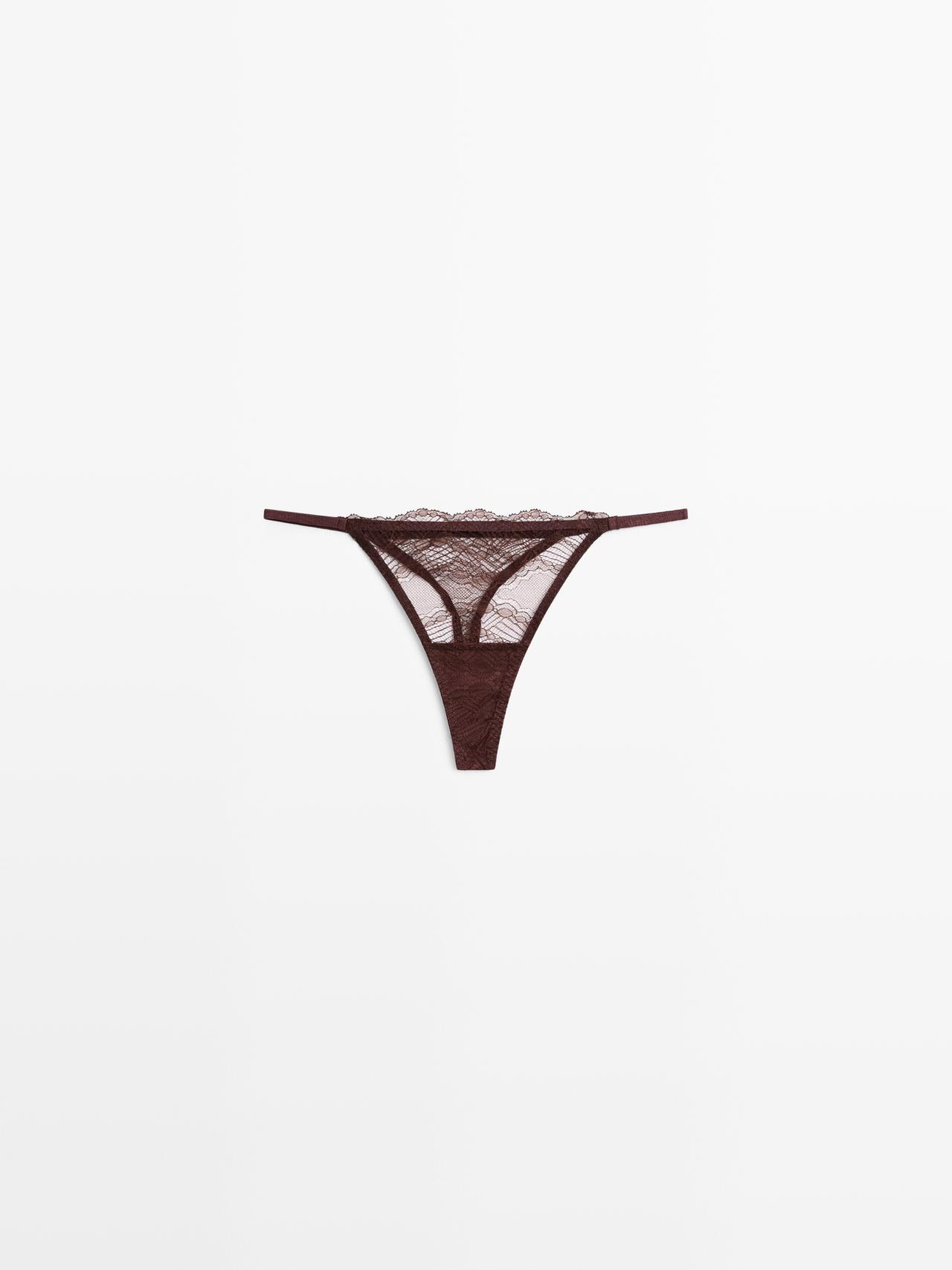 Massimo Dutti - Dames - Tanga Met Golvende Kanten - Bruin - S