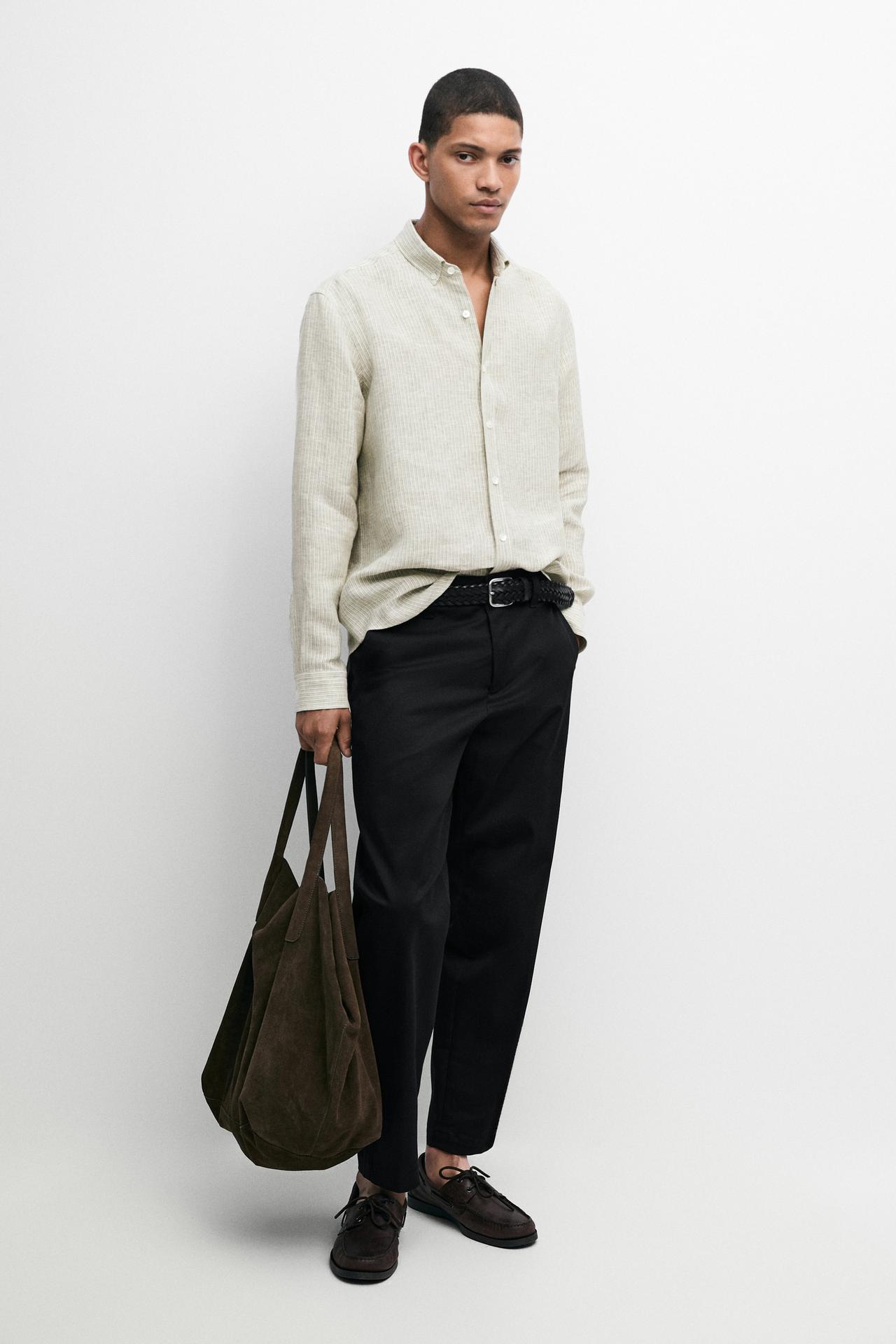 100% linen regular fit striped shirt — GREEN
