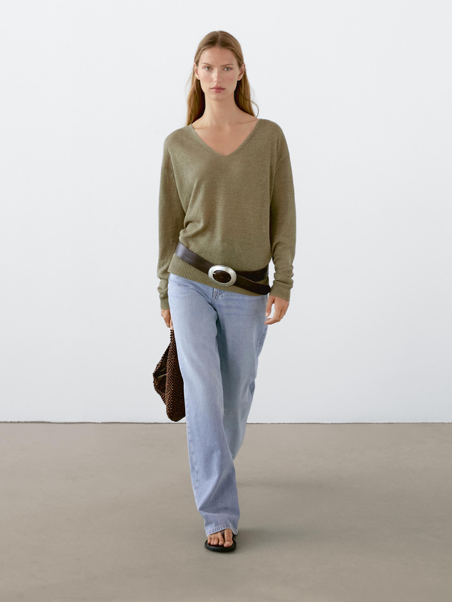 Massimo Dutti 100% Linen Long Sleeve Knit Sweater In Brown