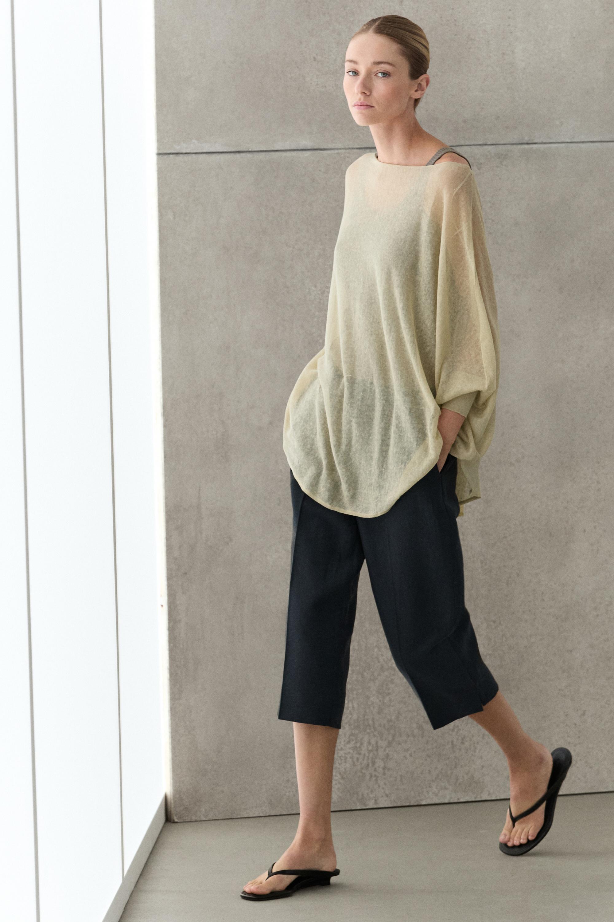 Linen blend flowing cape-style sweater — SAND