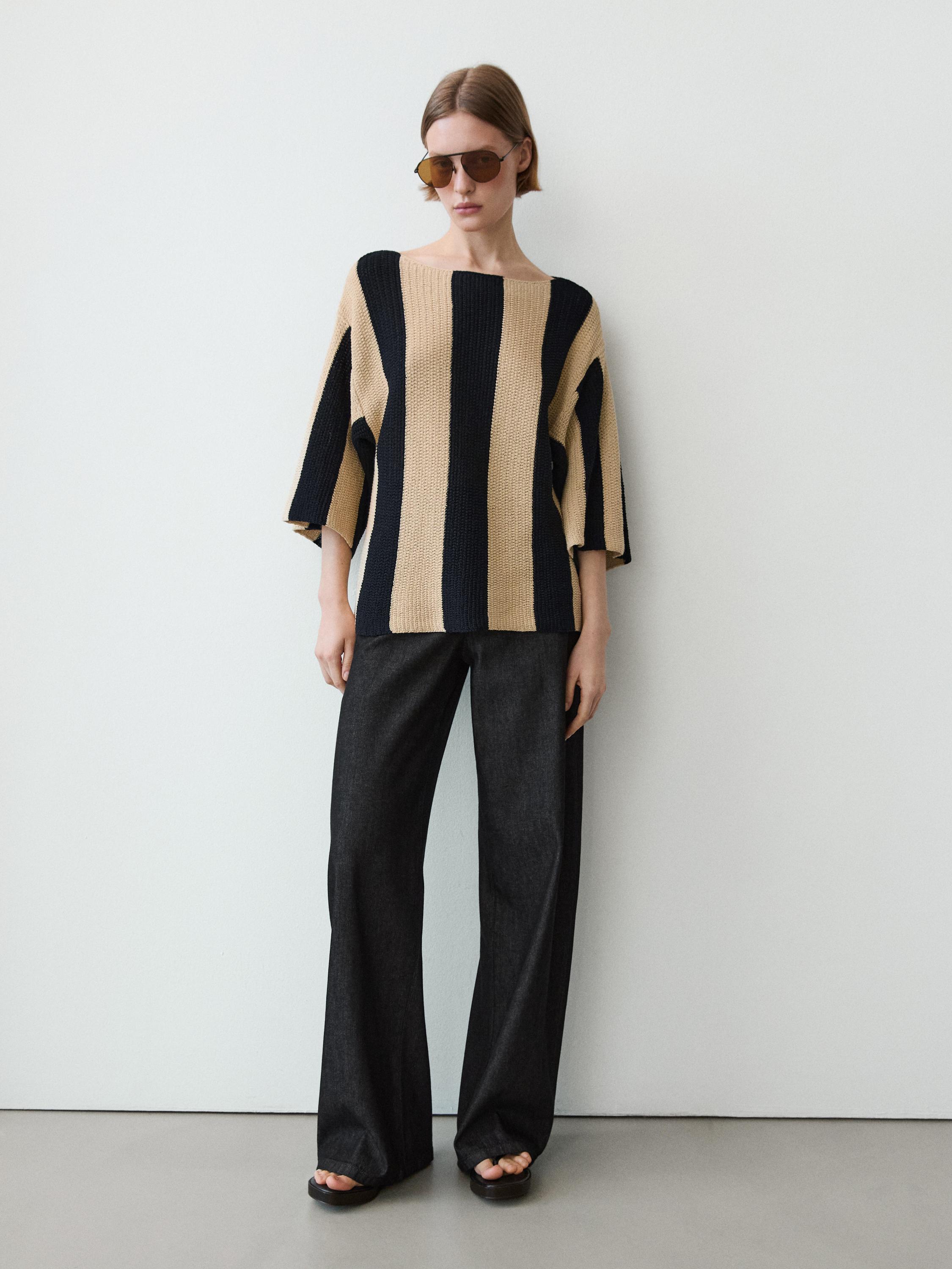 Striped cotton blend knit sweater — BLACK