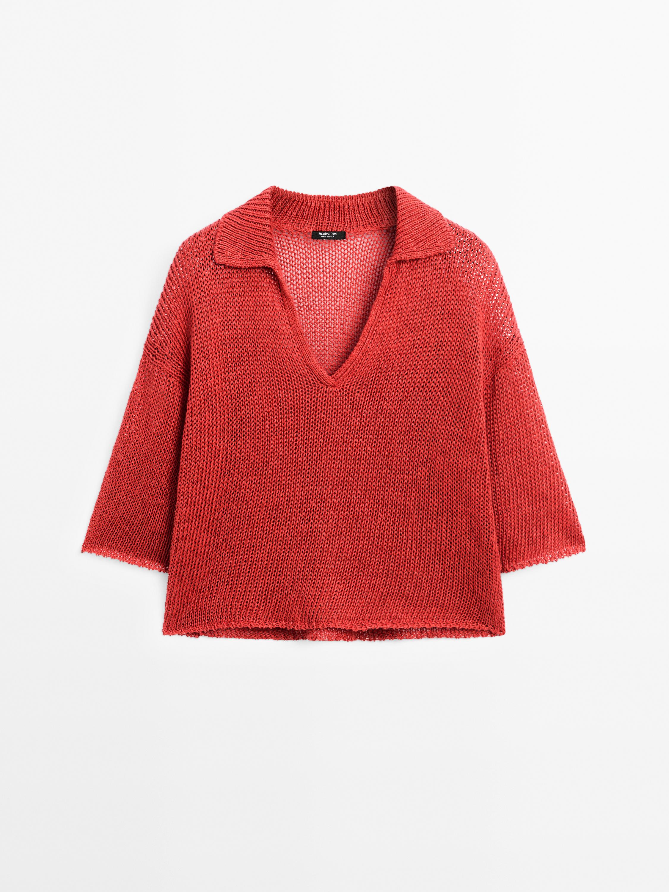 Cutwork sweater with polo collar - STUDIO