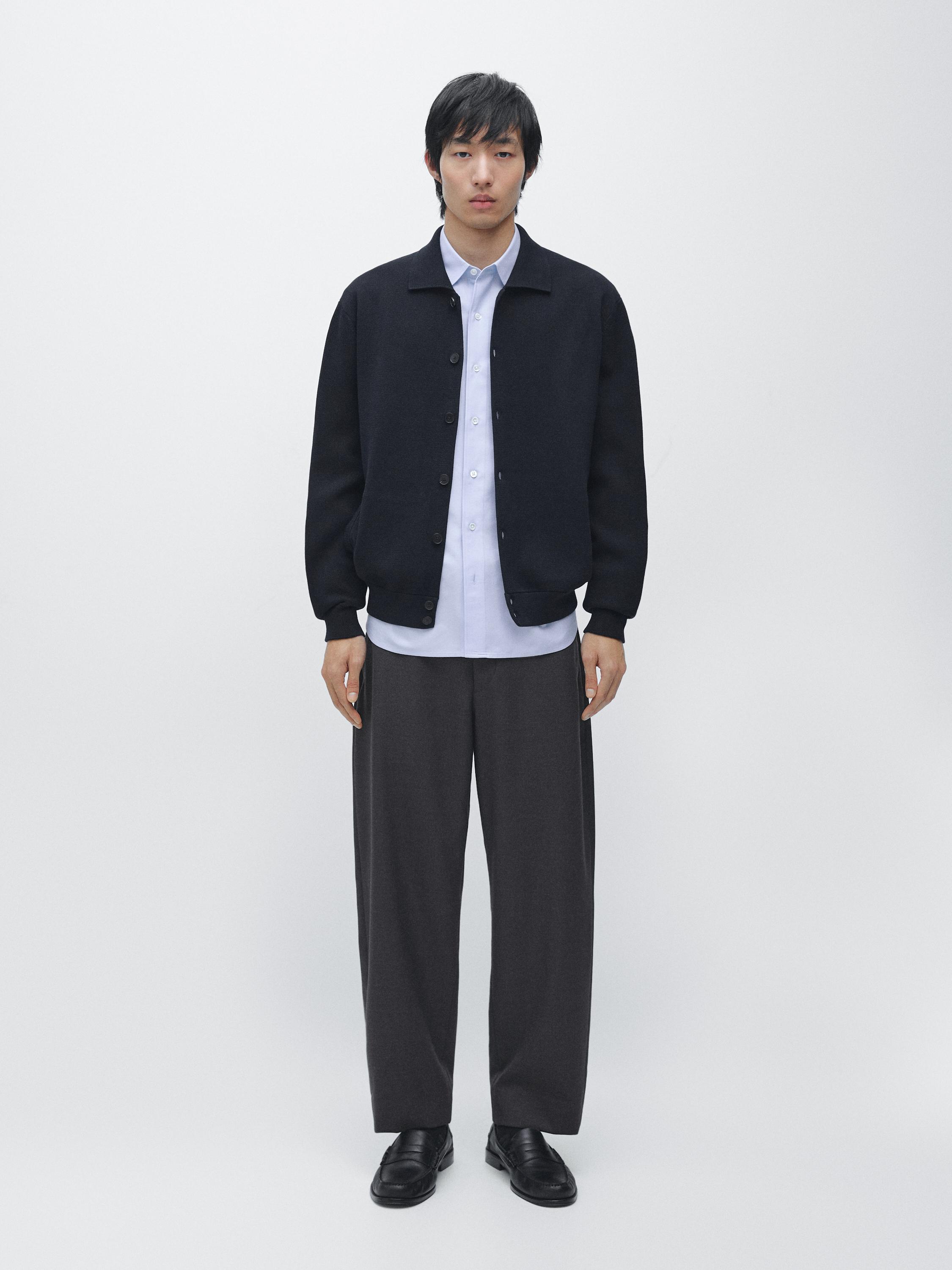 100% cotton knit cardigan with polo collar — NAVY BLUE