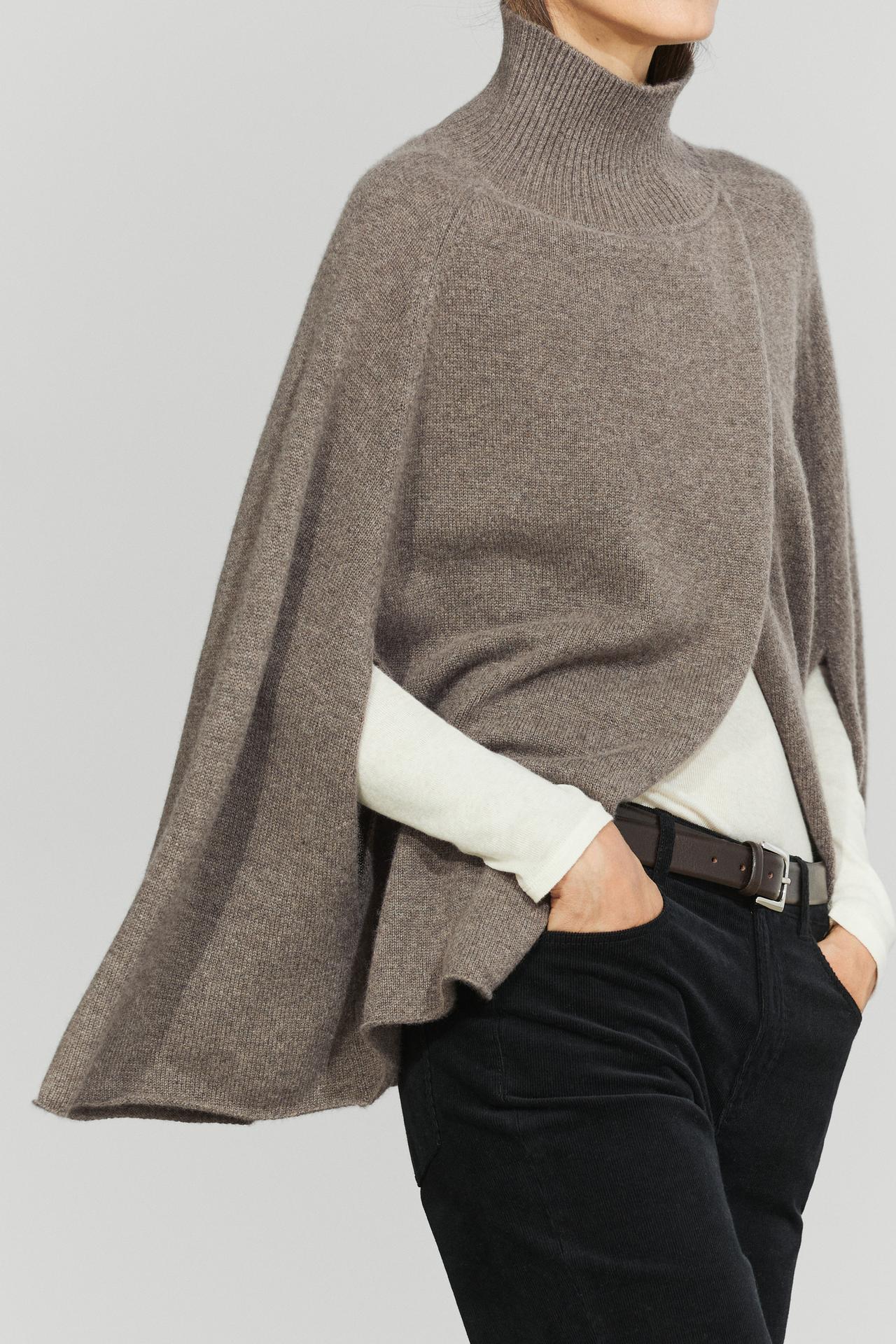100% cashmere knit cape with wrap detail — DARK KHAKI