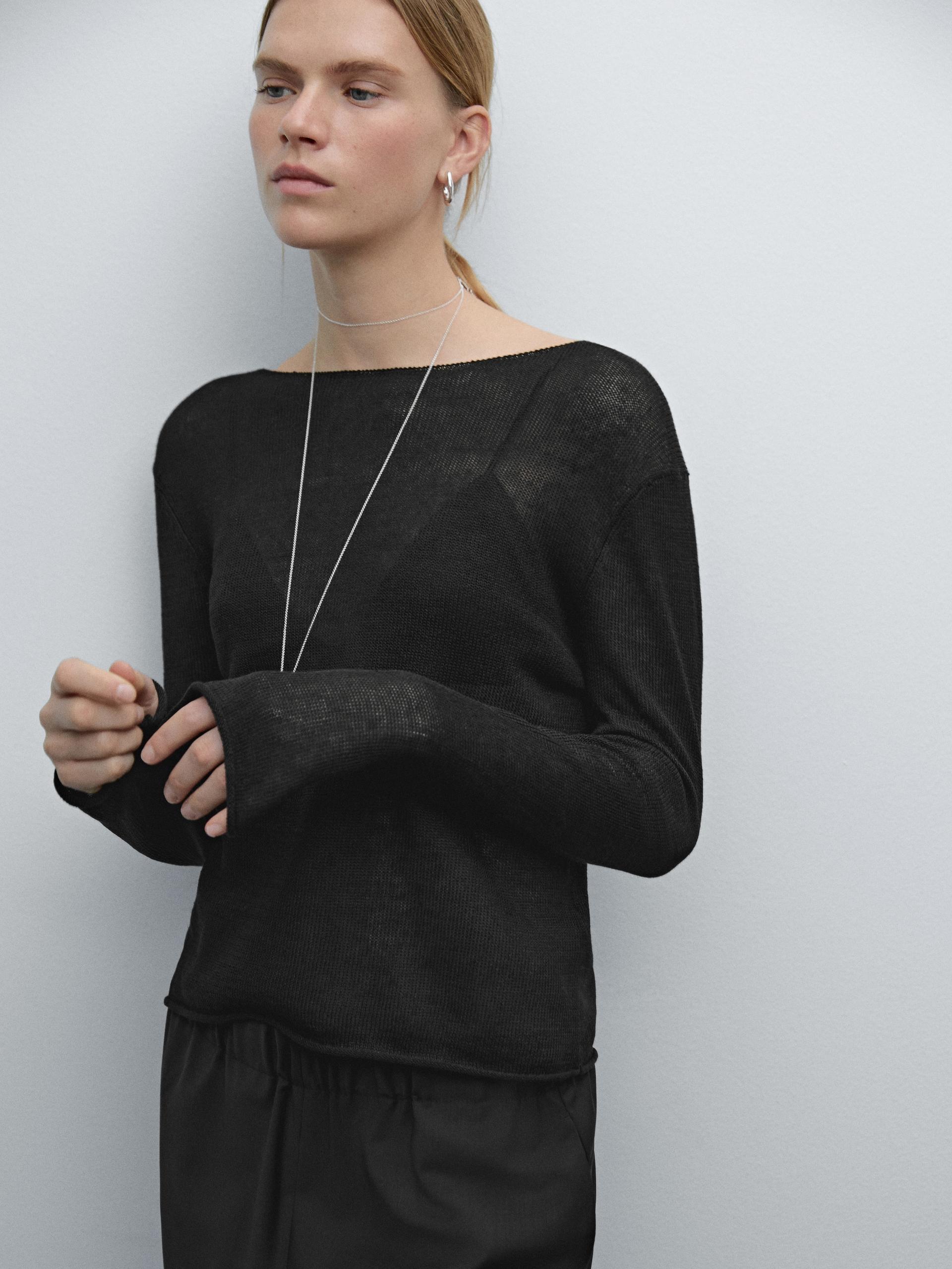 Pull En Maille Ajourée De Lin Mélangé - Noir - Xs - Massimo Dutti - Femme