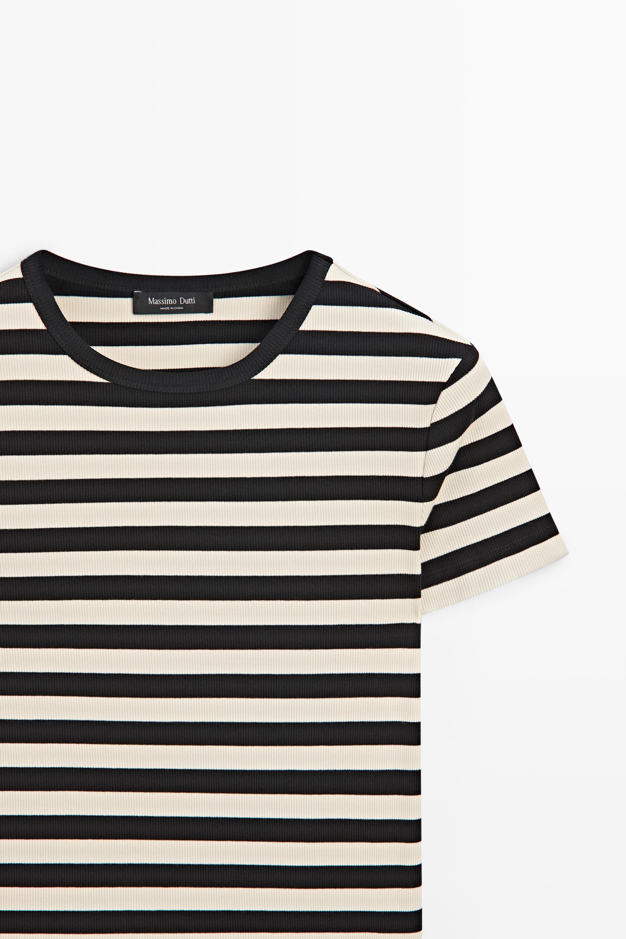 Short sleeve striped cotton blend T-shirt — BLACK