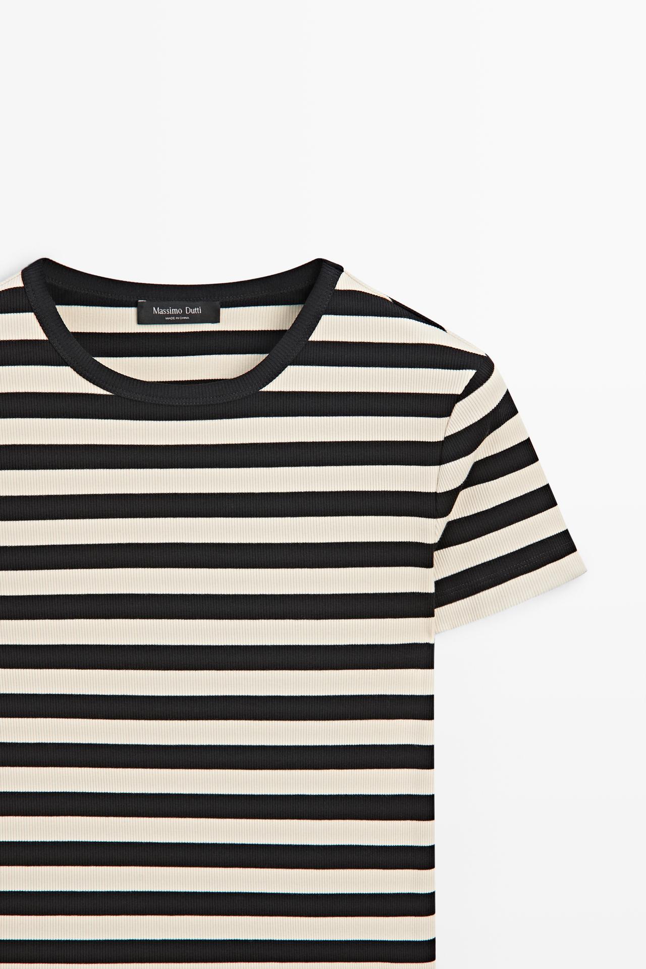 Short sleeve striped cotton blend T-shirt — BLACK