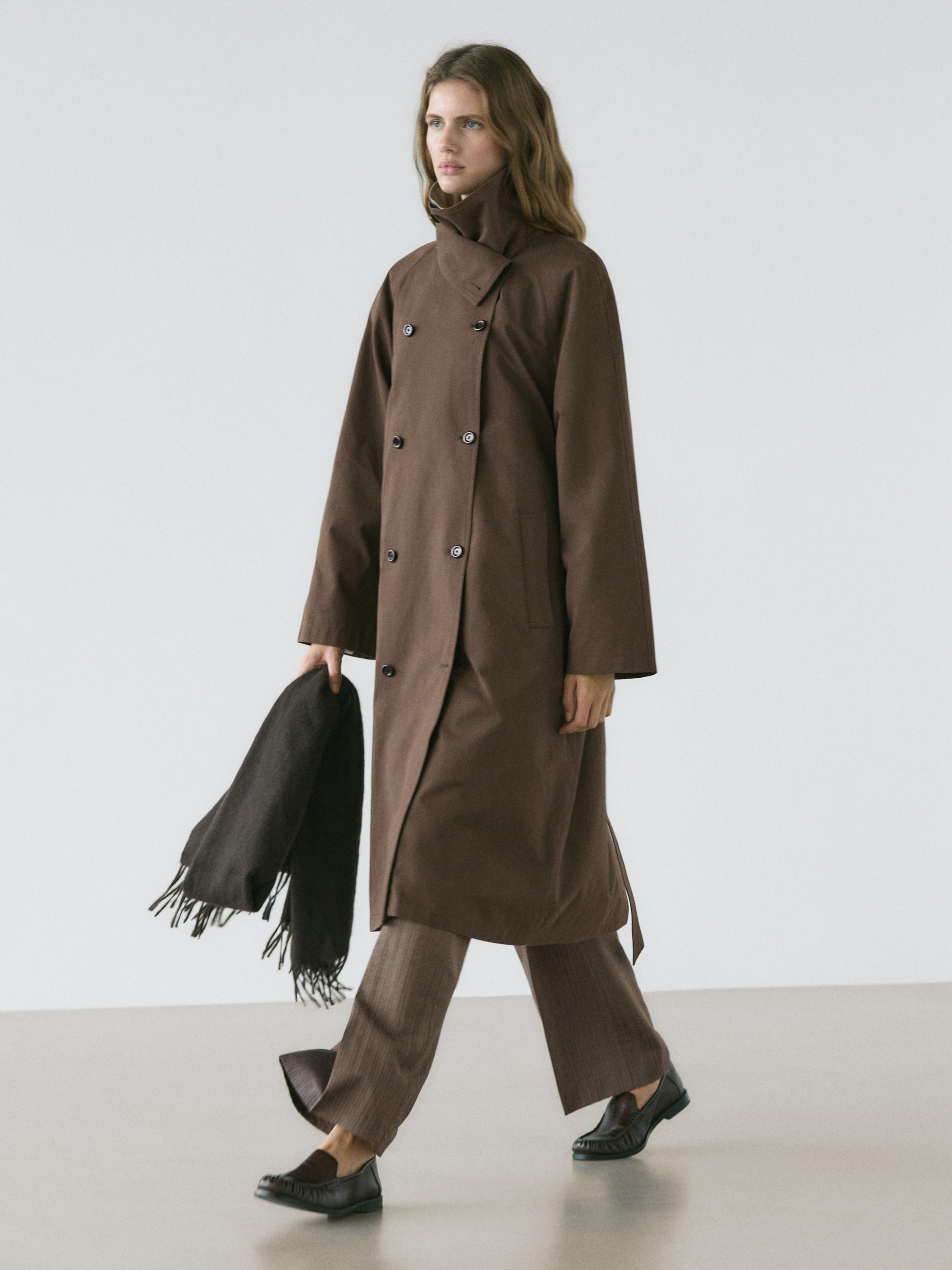 High collar trench coat — BROWN