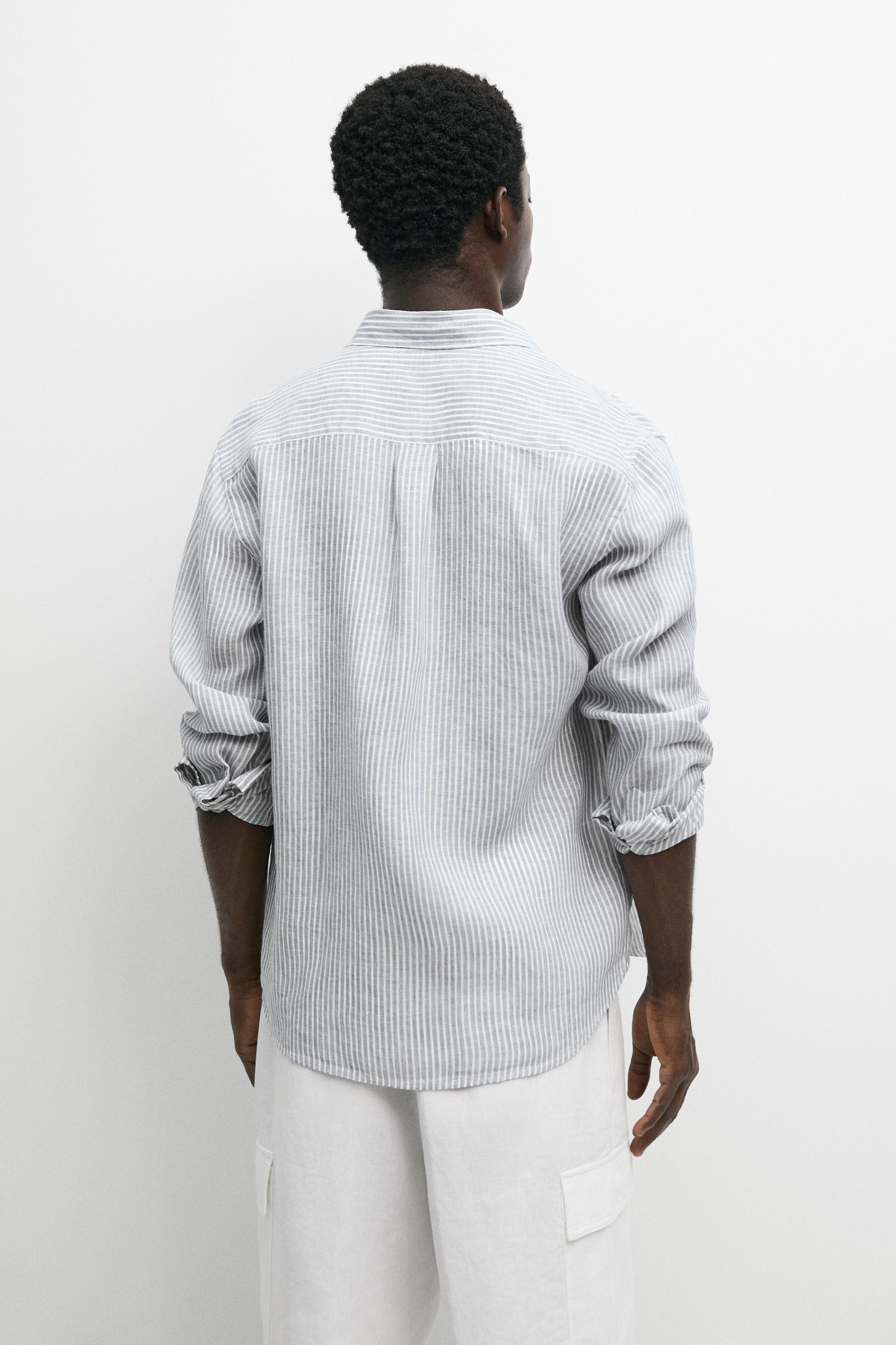 100% linen regular fit striped shirt — SKY BLUE