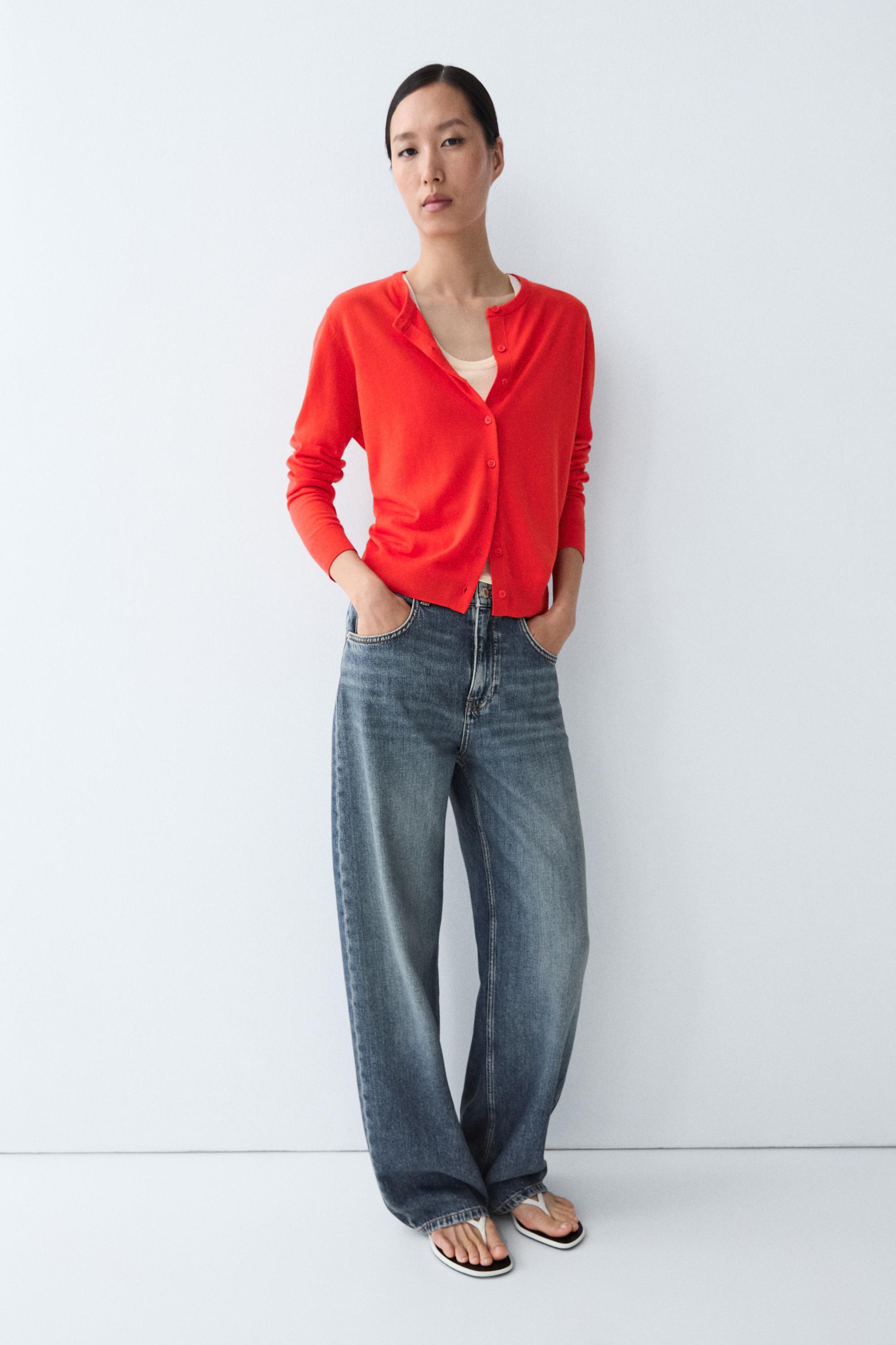 Fine-knit round neck cardigan — ORANGE