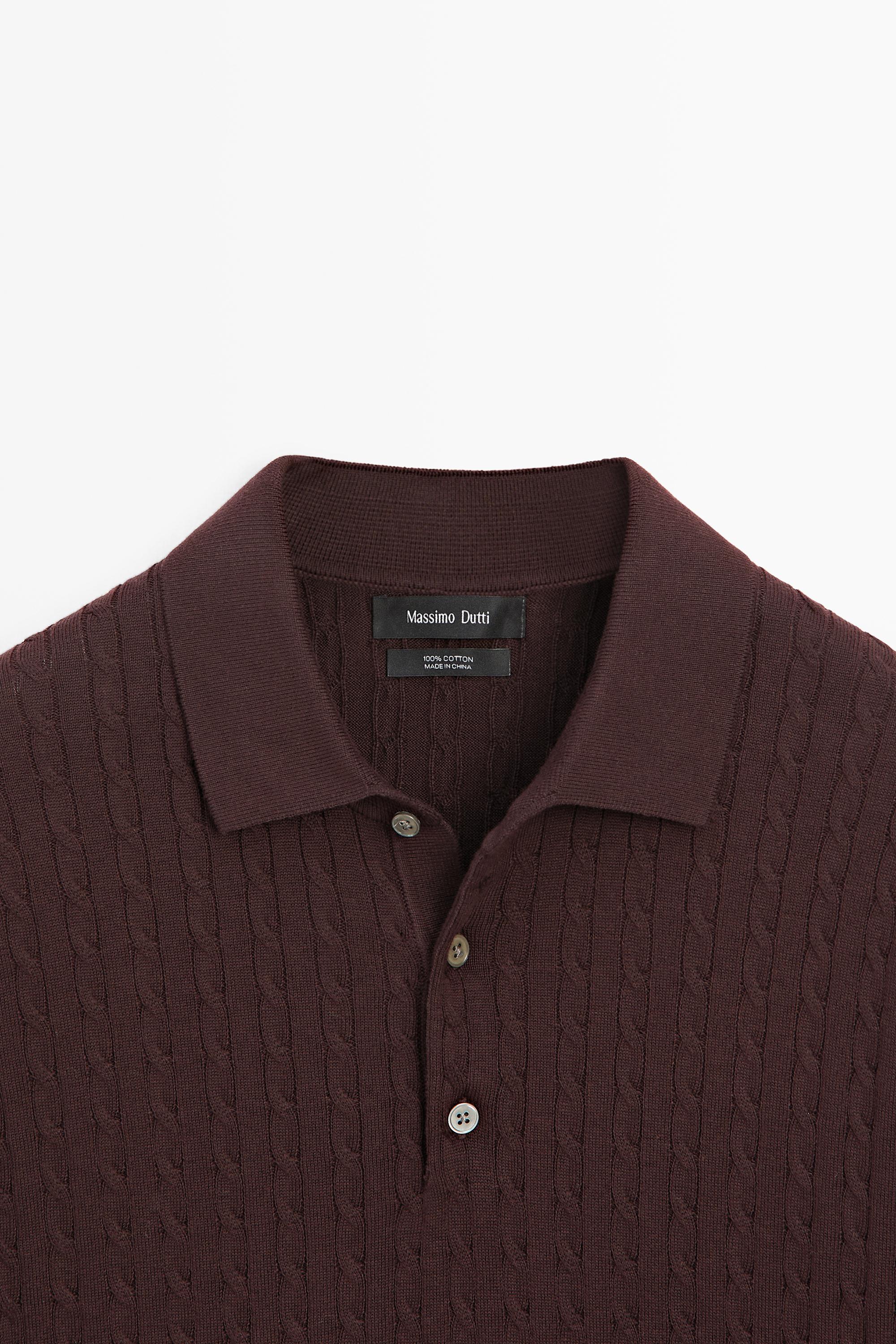 100% cotton cable-knit polo shirt — BURGUNDY