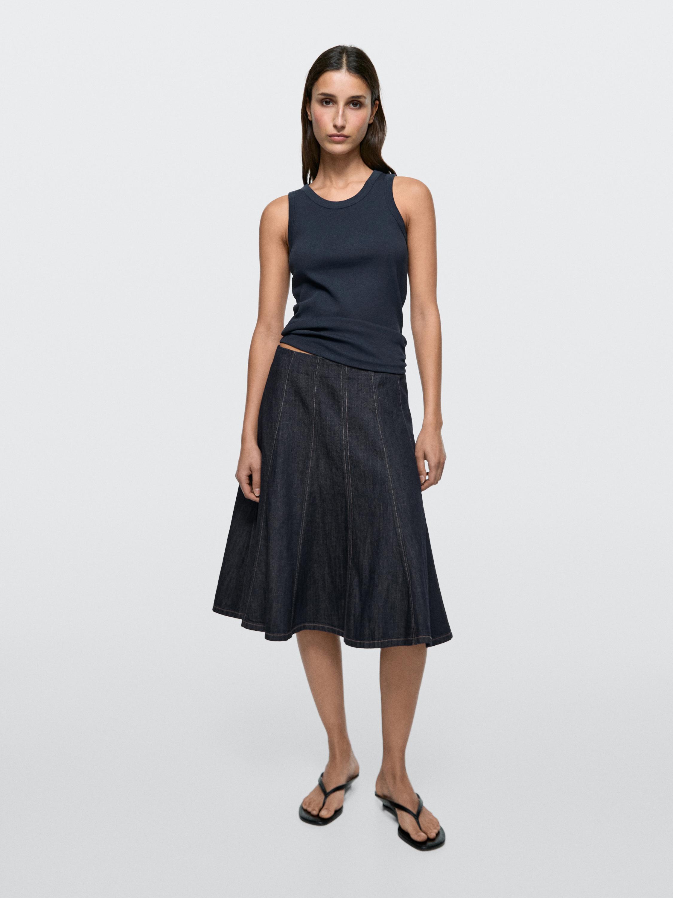 Denim godet midi skirt — DARK BLUE