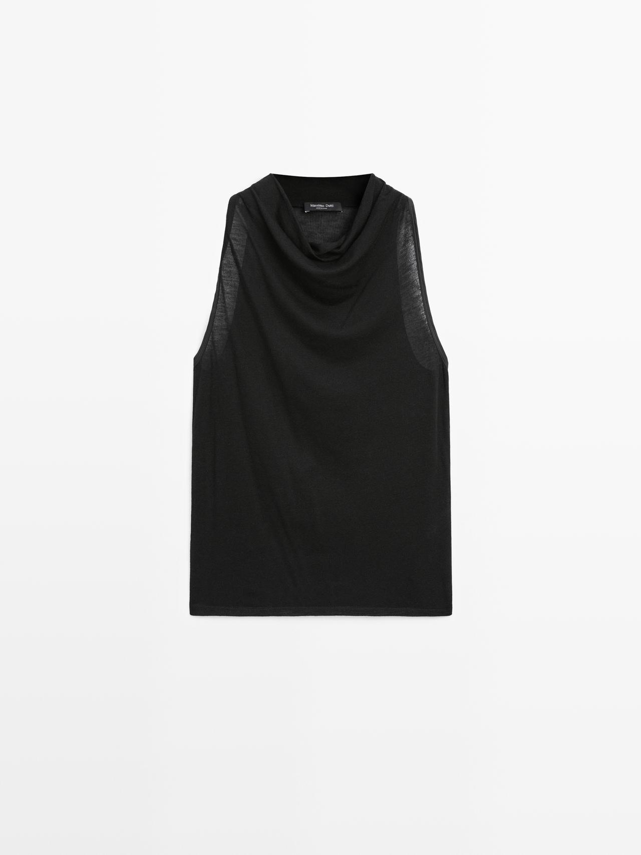 Massimo Dutti - Dame - Ærmeløs Top Med Draperet Halsudskæring - Sort - L