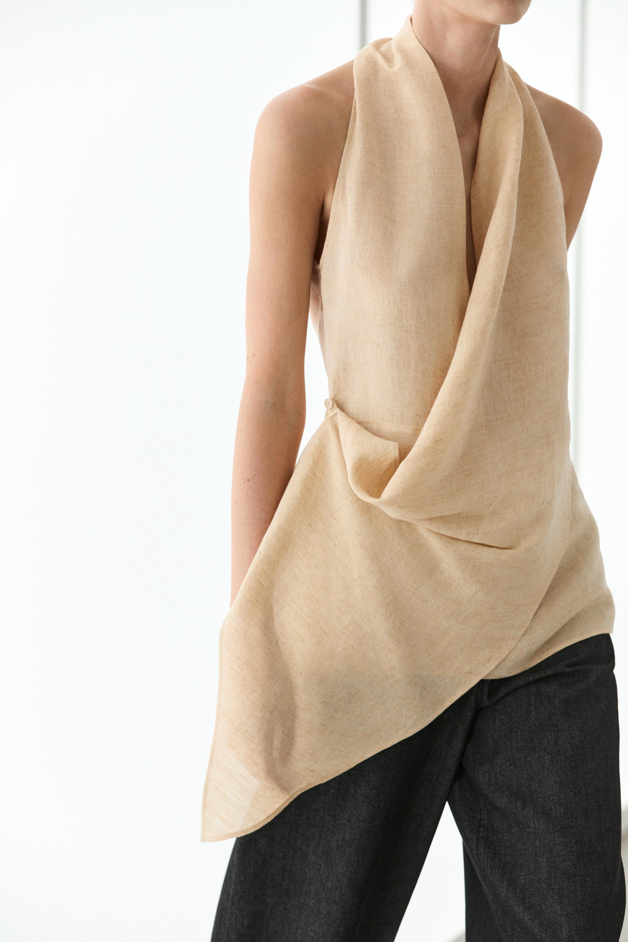Linen blend draped halter top — STONE