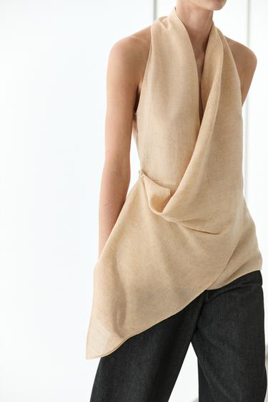 Linen blend draped halter top — STONE 5