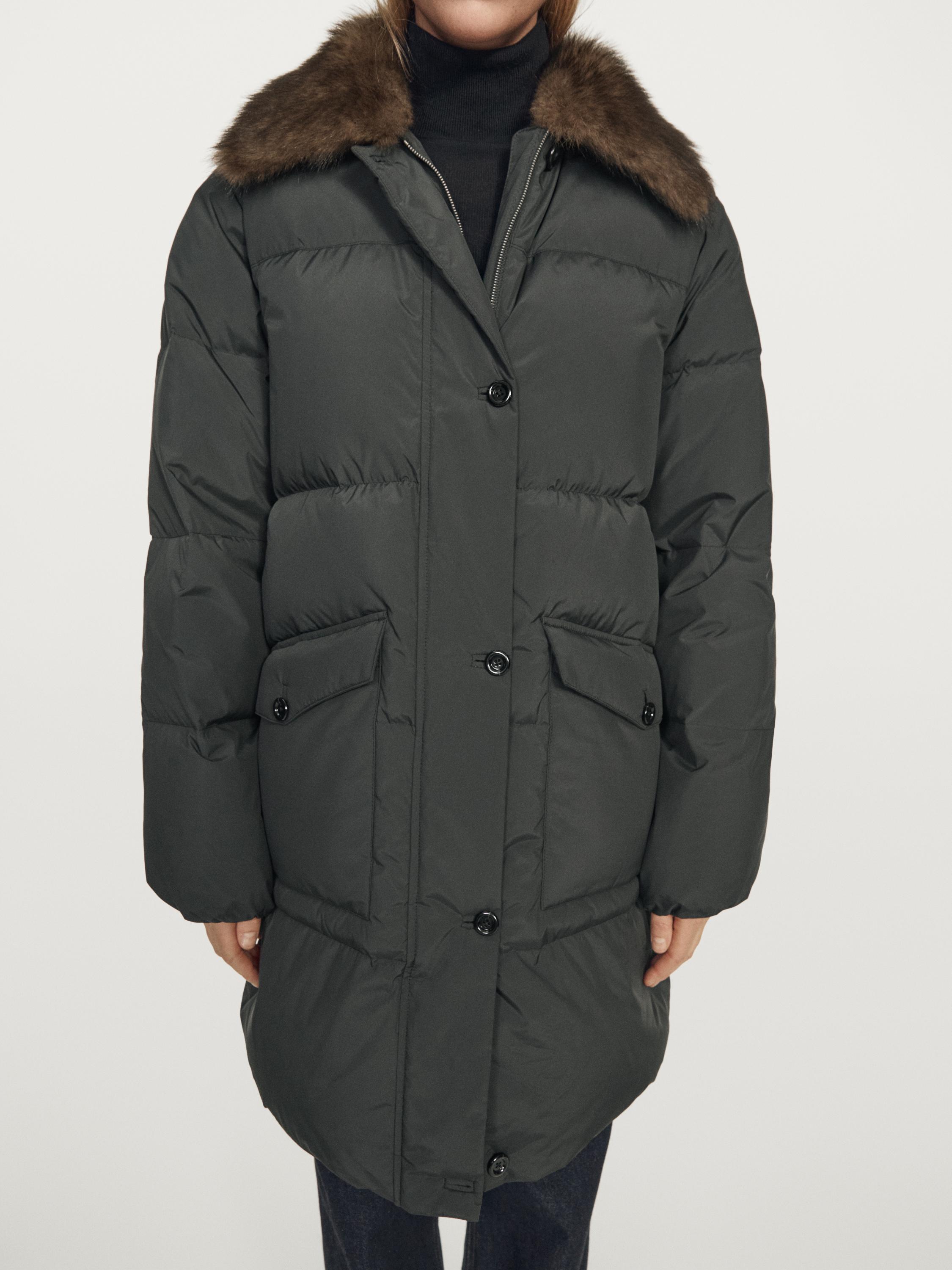 Long water-repellent down jacket with collar detail