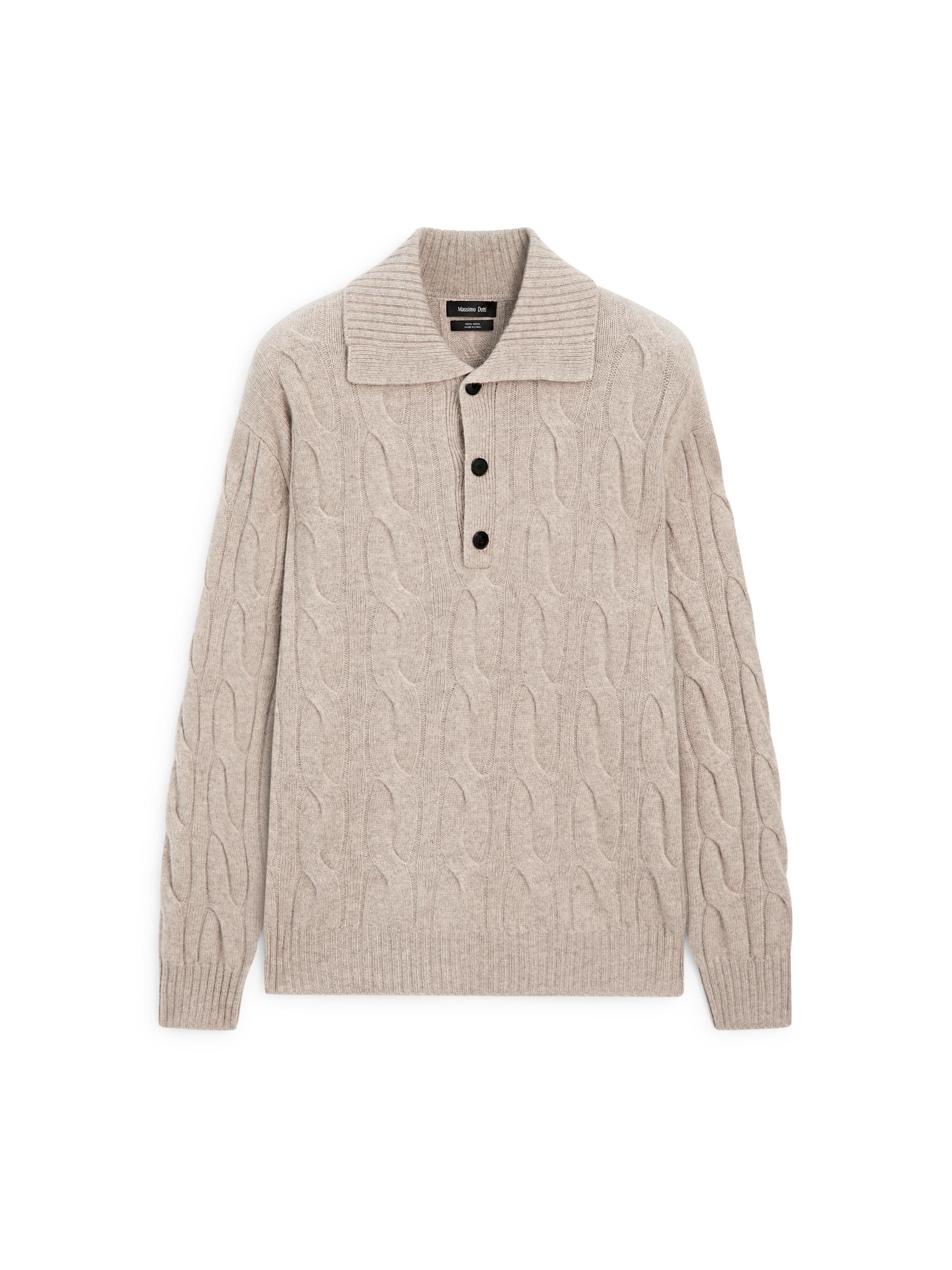 Wool cable-knit polo sweater — Sand