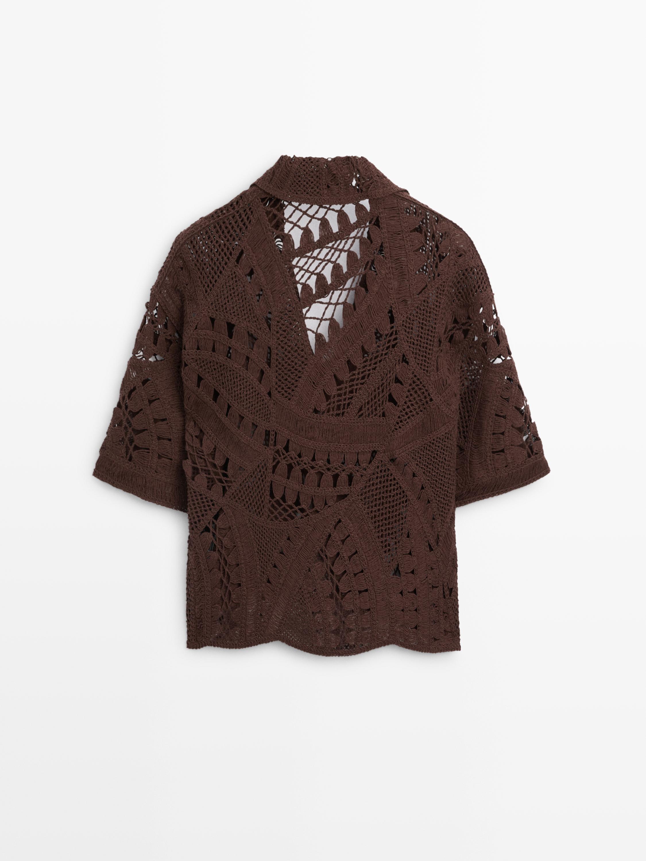 Cotton blend crochet polo T-shirt — BROWN