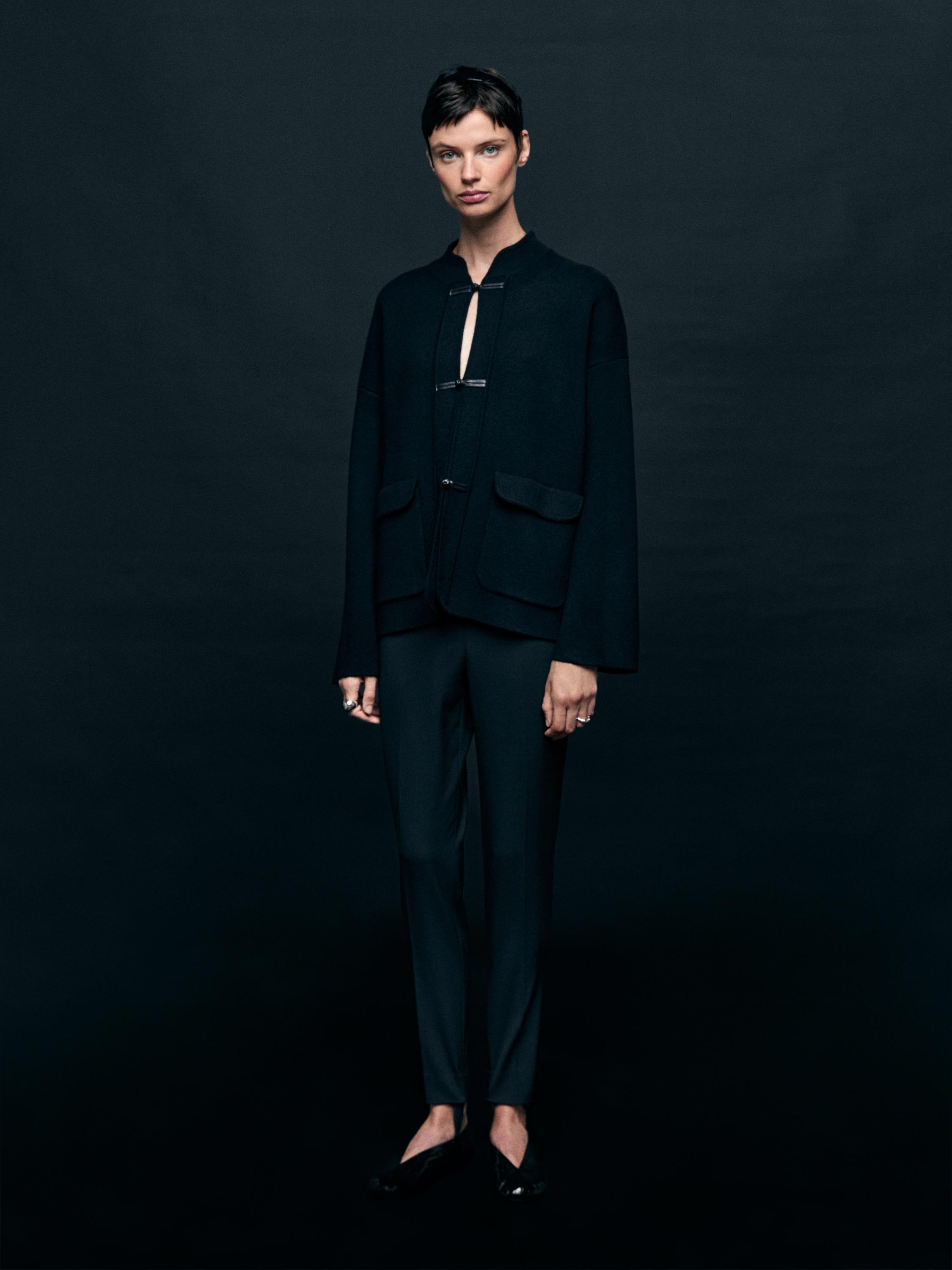 Wool blend cardigan with stand collar